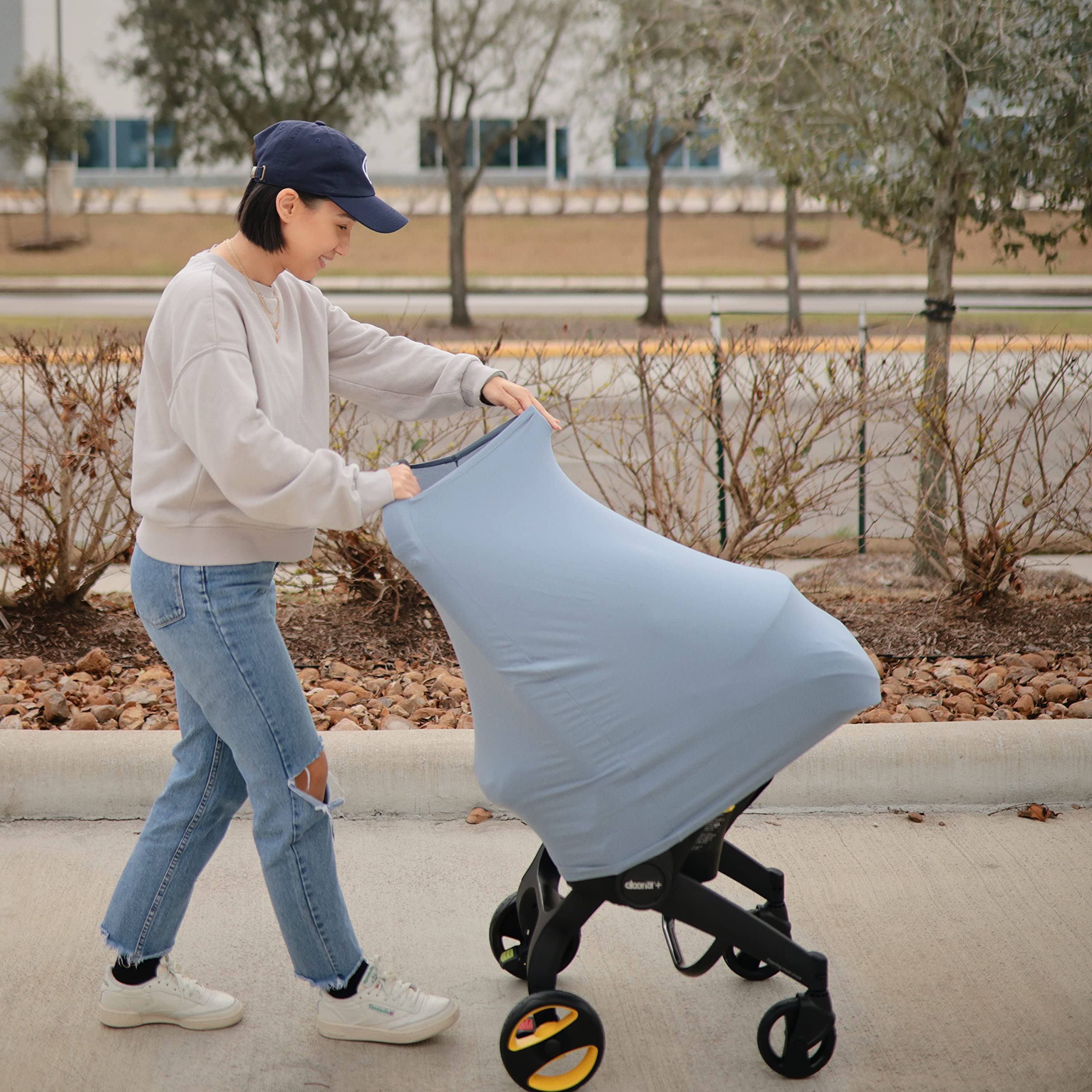 Mushie Baby Car Seat Canopy Cover - Breathable & Stretchy Multi-Use Cover for Breastfeeding, Nursing, High Chair, Shopping Cart & Strollers | Perfect for On-the-Go Parents (Tradewinds)