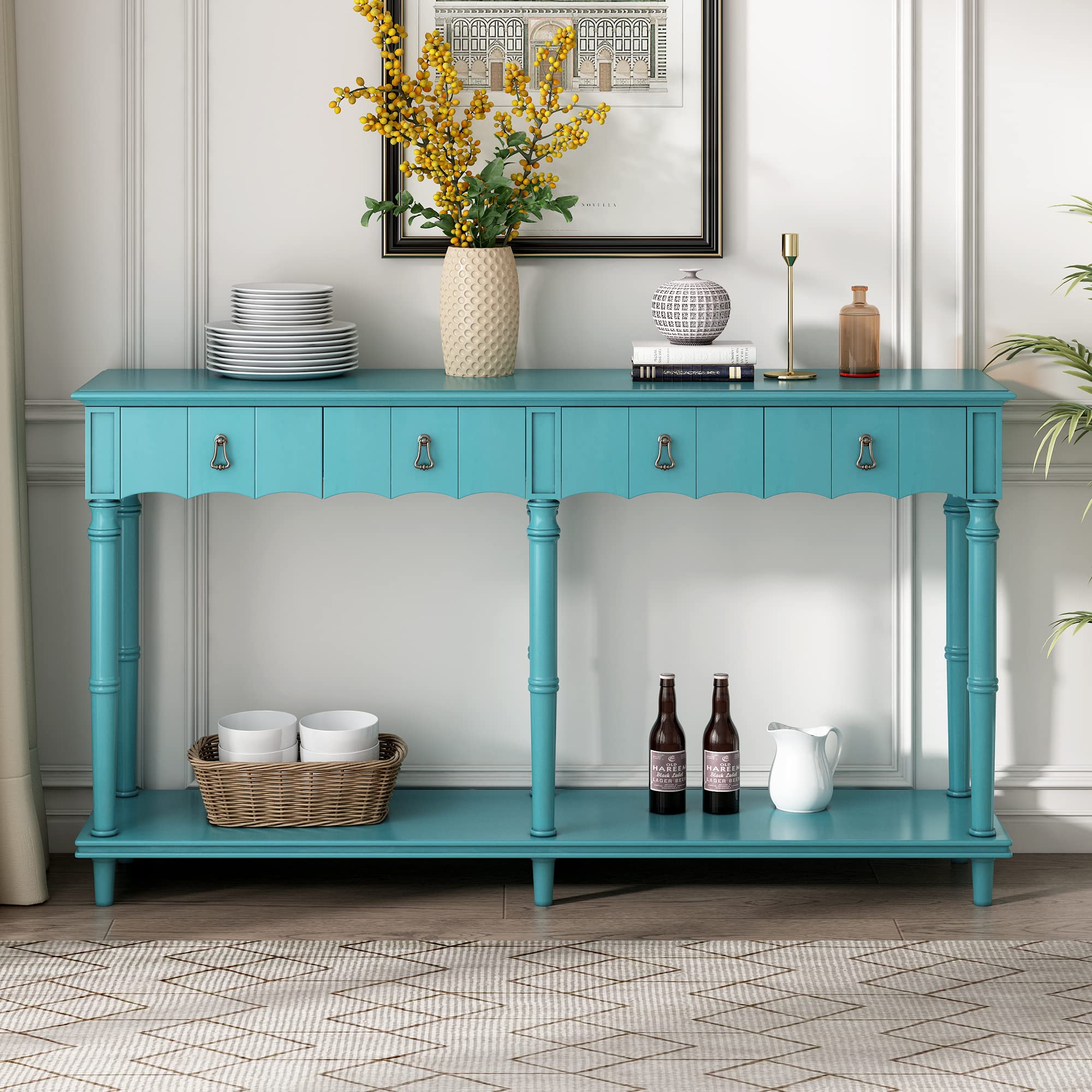 Farmhouse Console Table Sofa Table with 4 Storage Drawers & Open Shelf - Solid Wood Kitchen Buffet Cabinet Sideboard - Hallway Entryway Living Room Storage Cabinet (Antique VIRIDAN) - Perfect for Farmhouse, Rustic & Vintage Home Decor