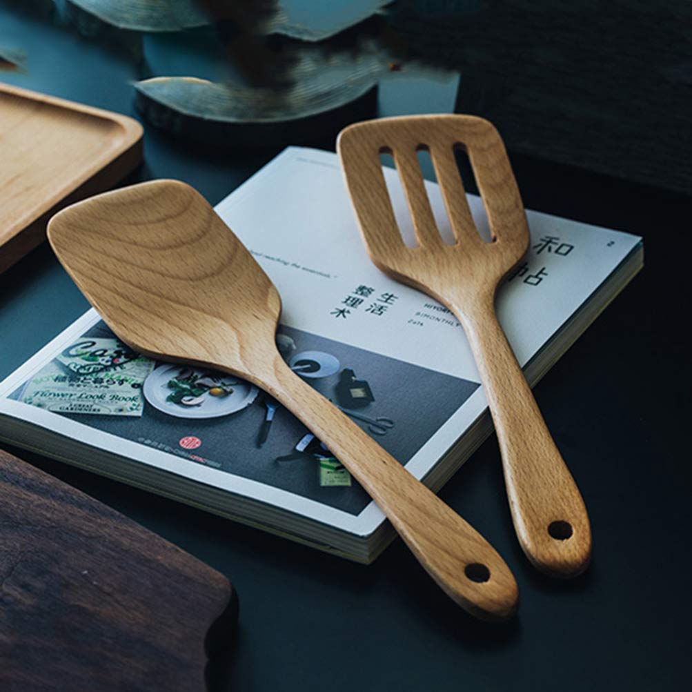 2-Pack Hemoton Wooden Cooking Utensils - Natural Bamboo Spatula Set for Non-Stick Pans & Woks - Wooden Mixing Spoon & Long Handle Kitchen Tools - Perfect for Baking, Frying & Stir-Frying