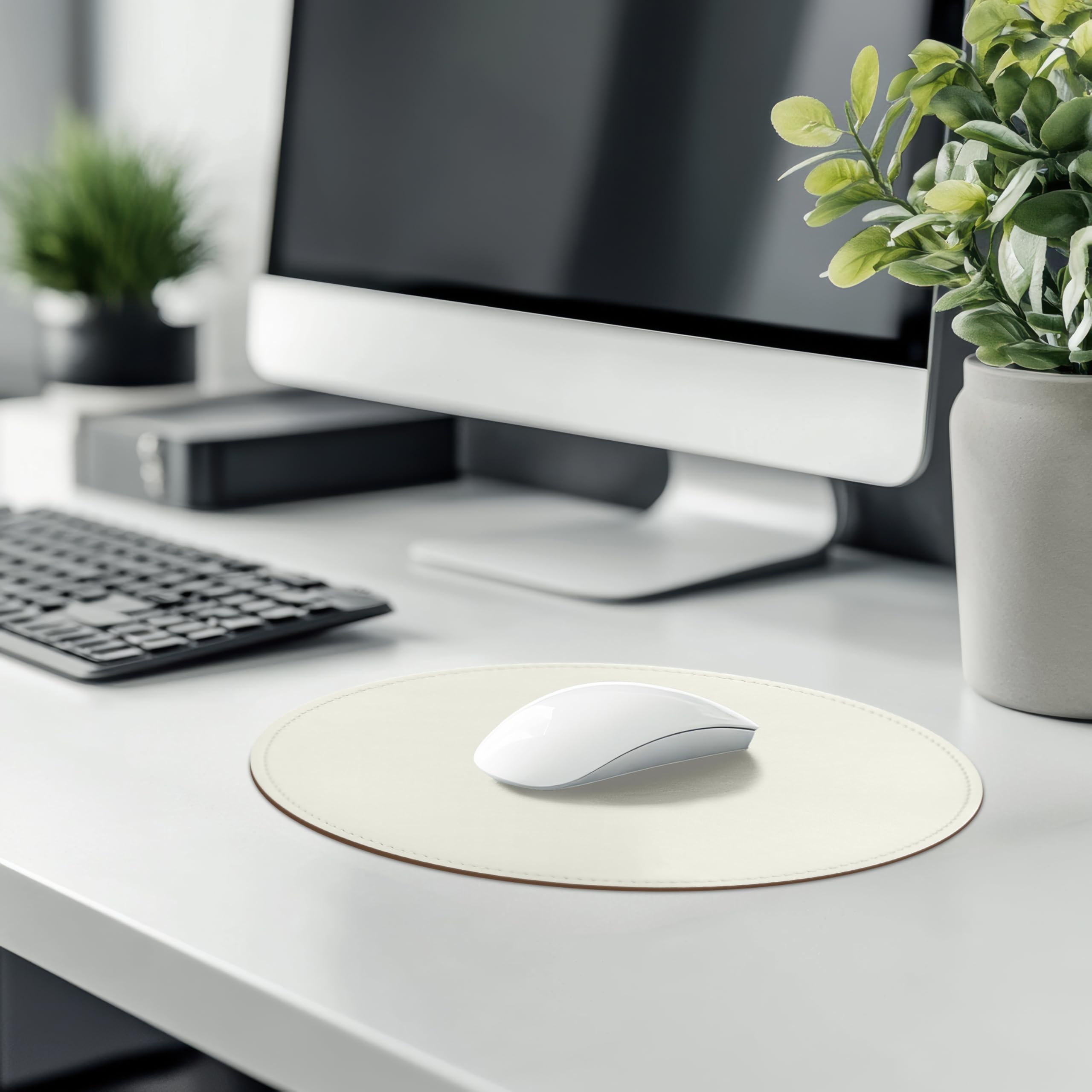 Premium Round PU Leather Mouse Pad with Stitched Edge & Non-Slip Micro-Fiber Base - Waterproof Desk Mat for Computer, Laptop, Gaming (9x9 Inch, White) - Perfect for Office, Home & Gaming Setups
