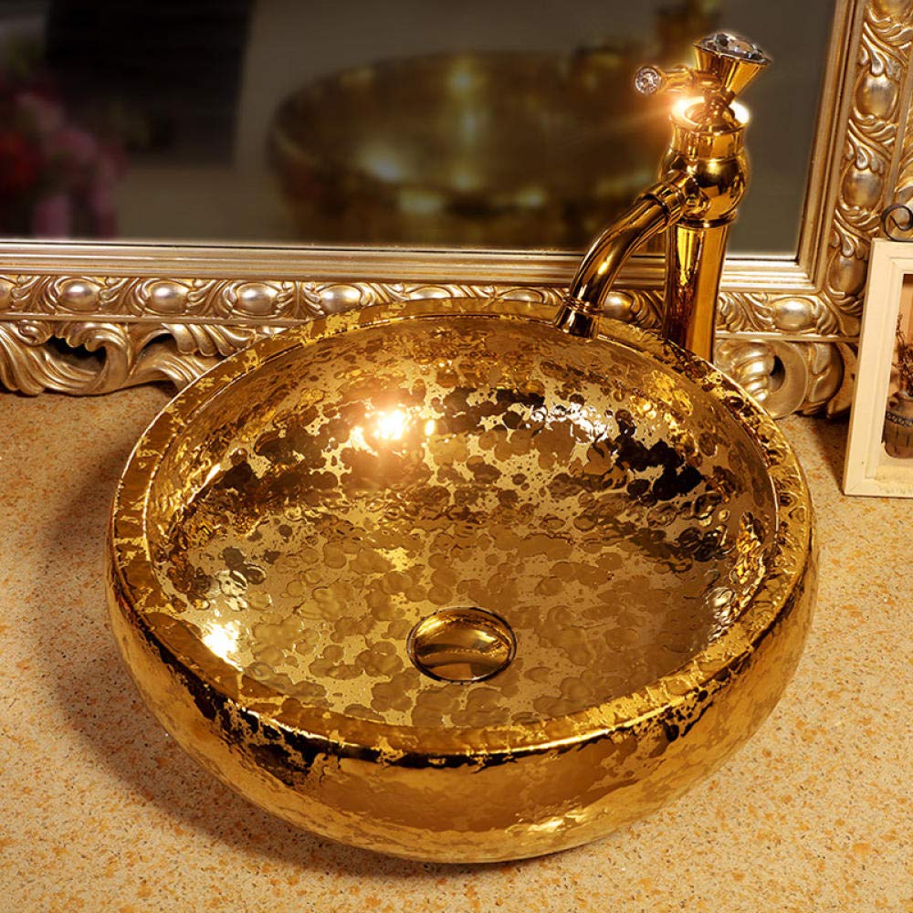 Artistic Round Ceramic Countertop Basin - Golden Glazed Bathroom Sink for Modern Vanities | Elegant Wash Basin for Powder Rooms, Guest Baths & Luxury Home Decor