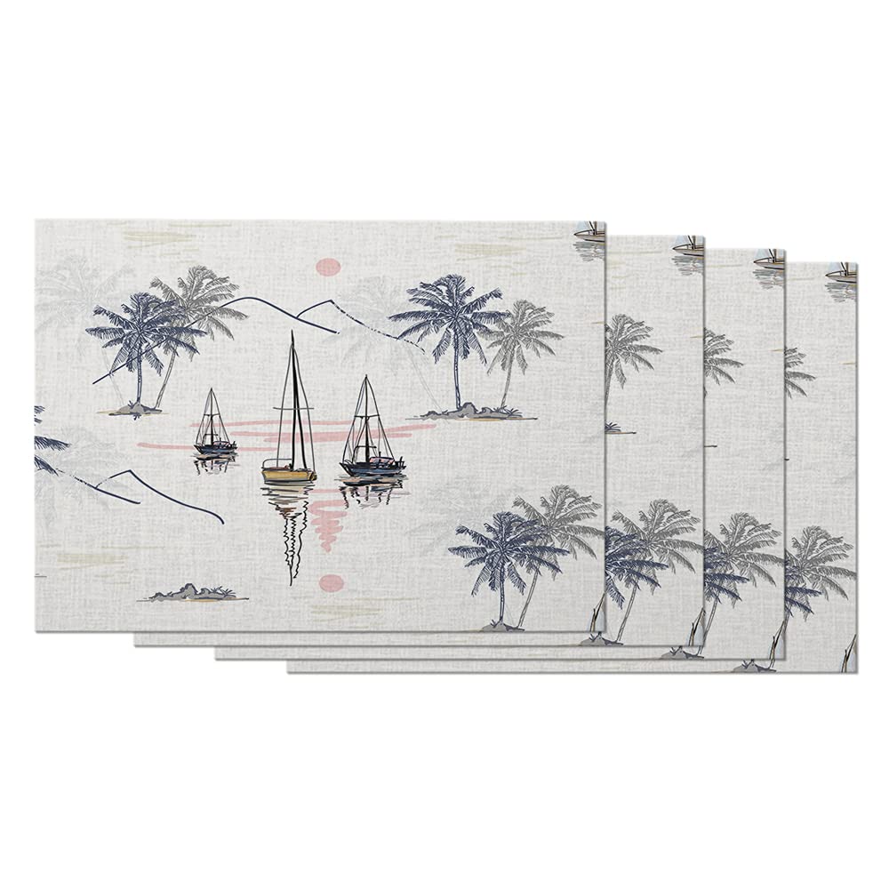 AOYEGO 4-Piece Natural Sailboat Placemats Set - 12x18 Inch Cotton Linen Table Mats with Coconut Palm Tree Design for Beach, Summer & Surfing Theme Dining - Perfect for Coastal Home Decor, Kitchen, and Outdoor Entertaining