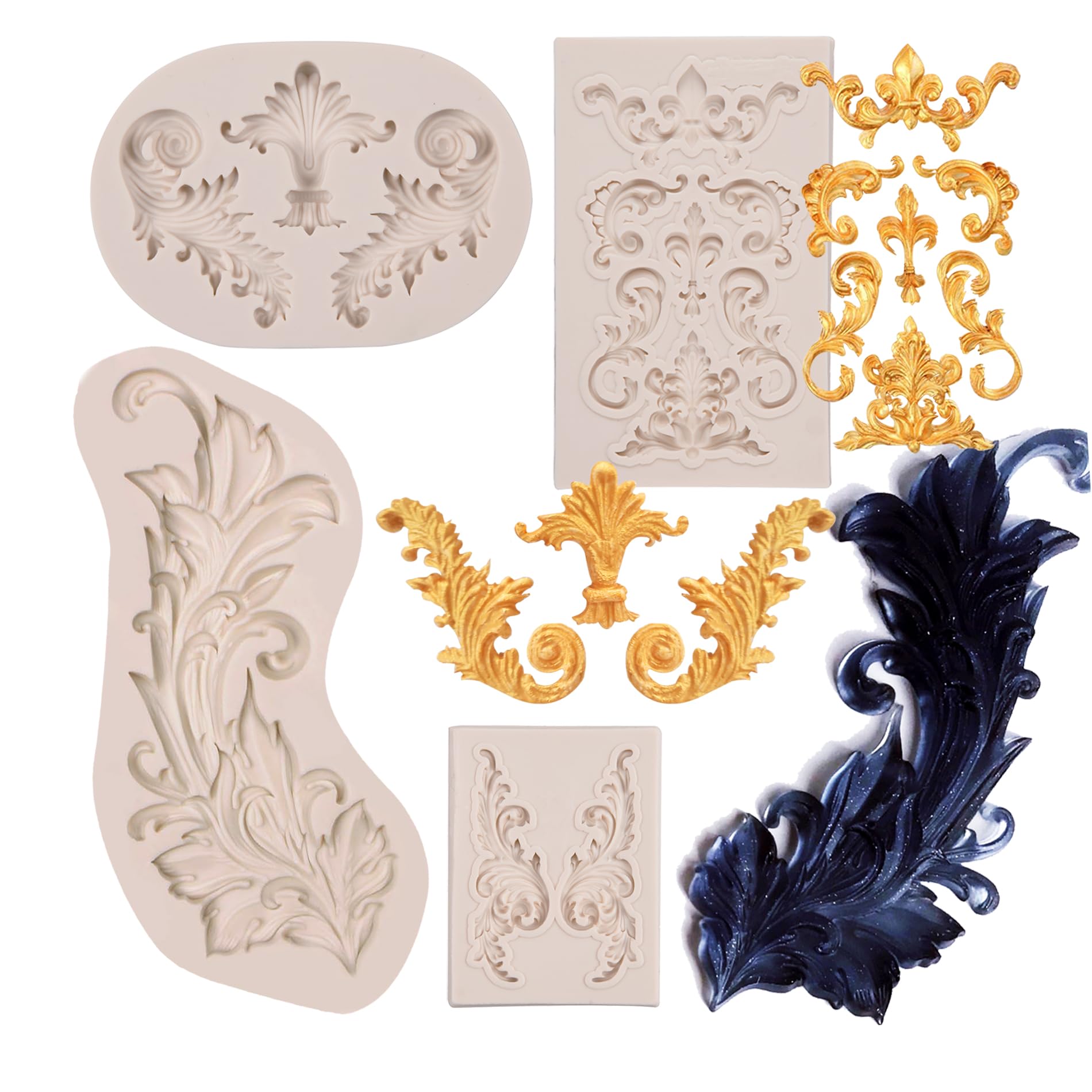 Baroque Silicone Fondant Molds (4 Pack) - Scrolls, Border, Feather & Crown Corner Molds for Cake Decorating, Polymer Clay & DIY Crafts - Perfect for Wedding Cakes, Cupcakes & Home Baking Projects