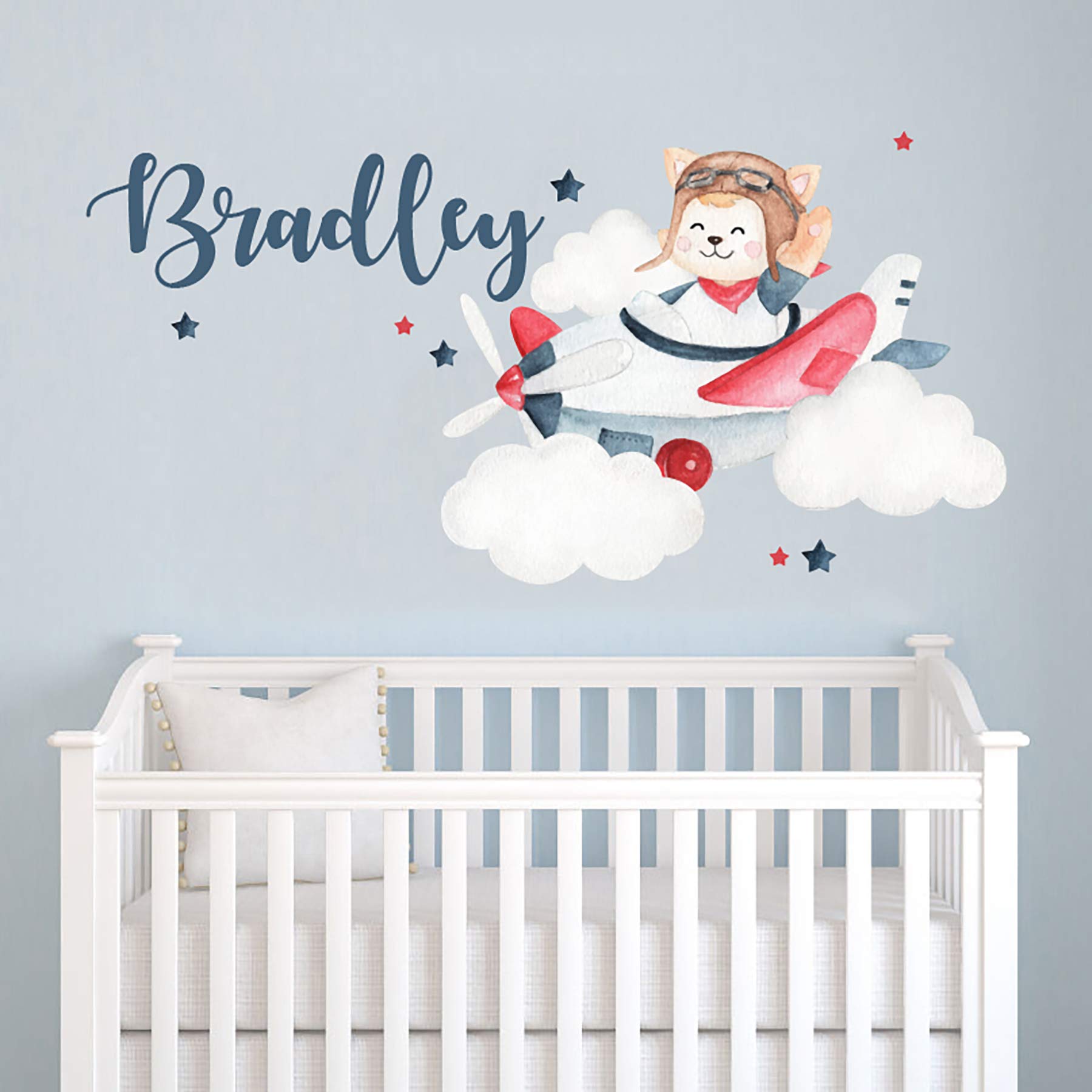 Custom Name Airplane Bear Wall Decal - Removable Nursery Wall Stickers for Baby & Kids Room Decor - Sky Scenery Mural (22