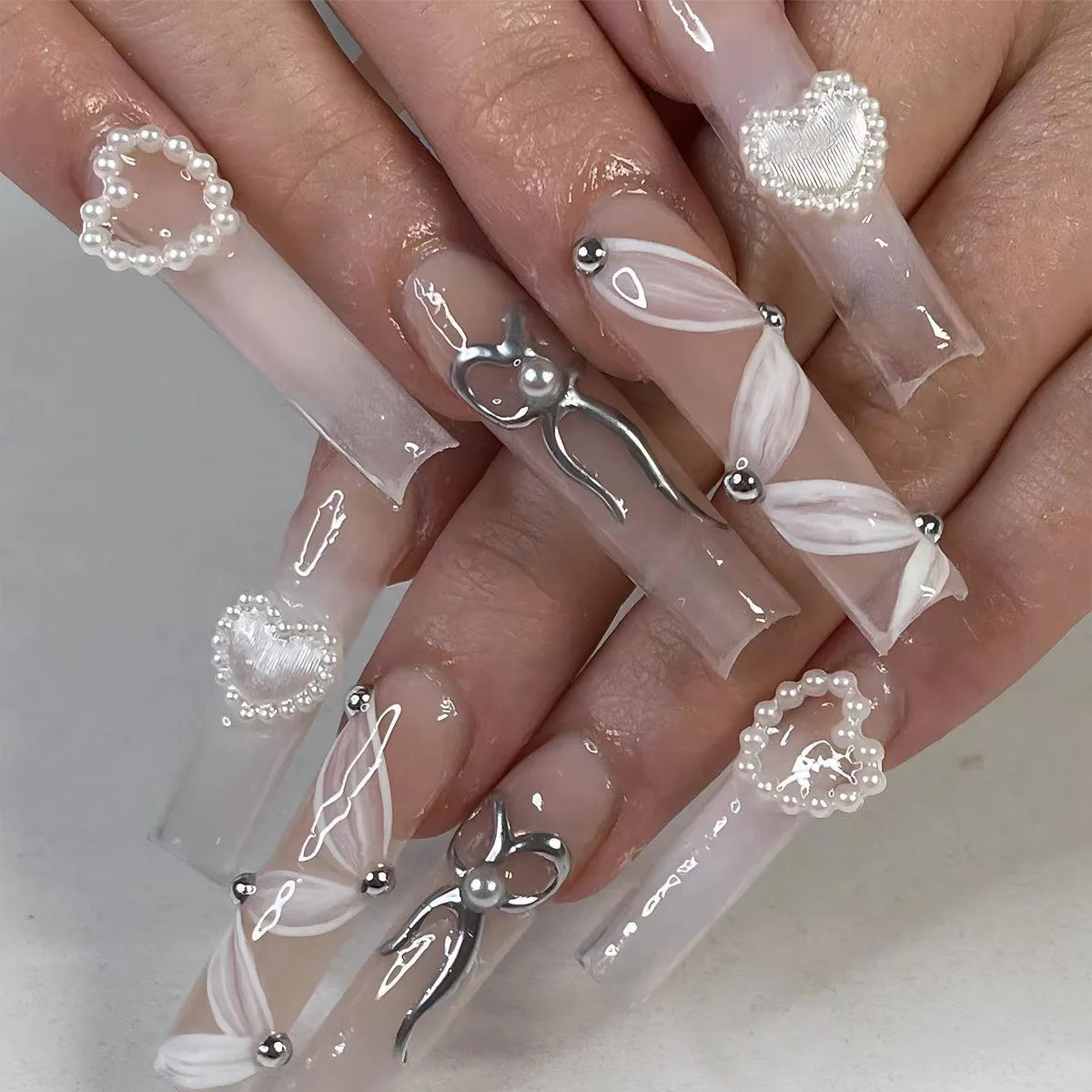 24Pcs French Tip Press on Nails - Long Glitter Rhinestone False Nails with 3D Bow Tie Designs | Wearable Y2K Fake Nails Kit Includes Jelly Glue | Perfect for Parties, Weddings, and Special Occasions