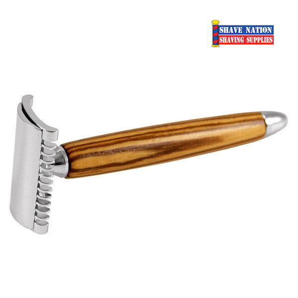 Fatip Open Comb Safety Razor with Zebrano Wood Handle - Classic Wet Shaving for Men, Perfect for Home & Travel Grooming