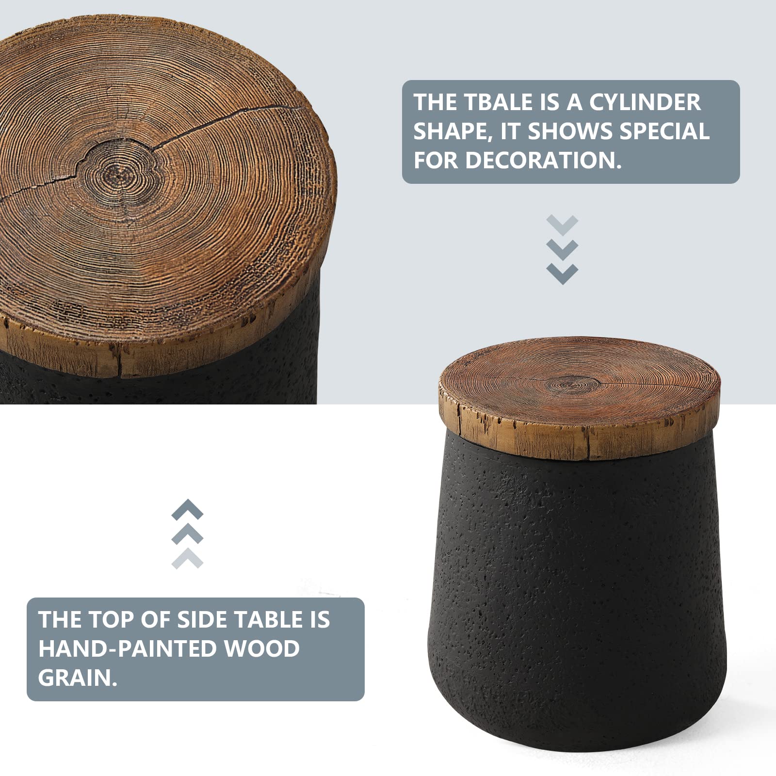 Stylish 2-Piece Outdoor Side Table Set - Black Drum End Tables with Faux-Wood Top & Hand-Painted Tree Trunk Design - Perfect for Patio, Garden, or Poolside Decor