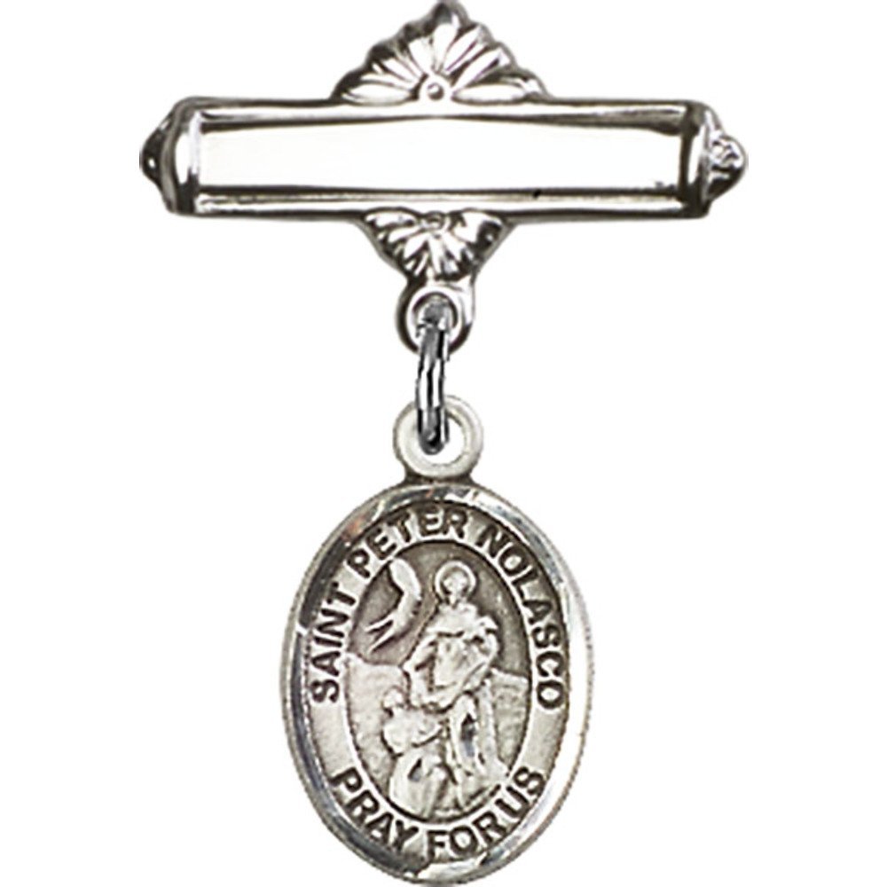 Sterling Silver Baby Badge with St. Peter Nolasco Charm - 1 X 5/8 Inch Polished Pin for Christening, Baptism & First Communion Gifts