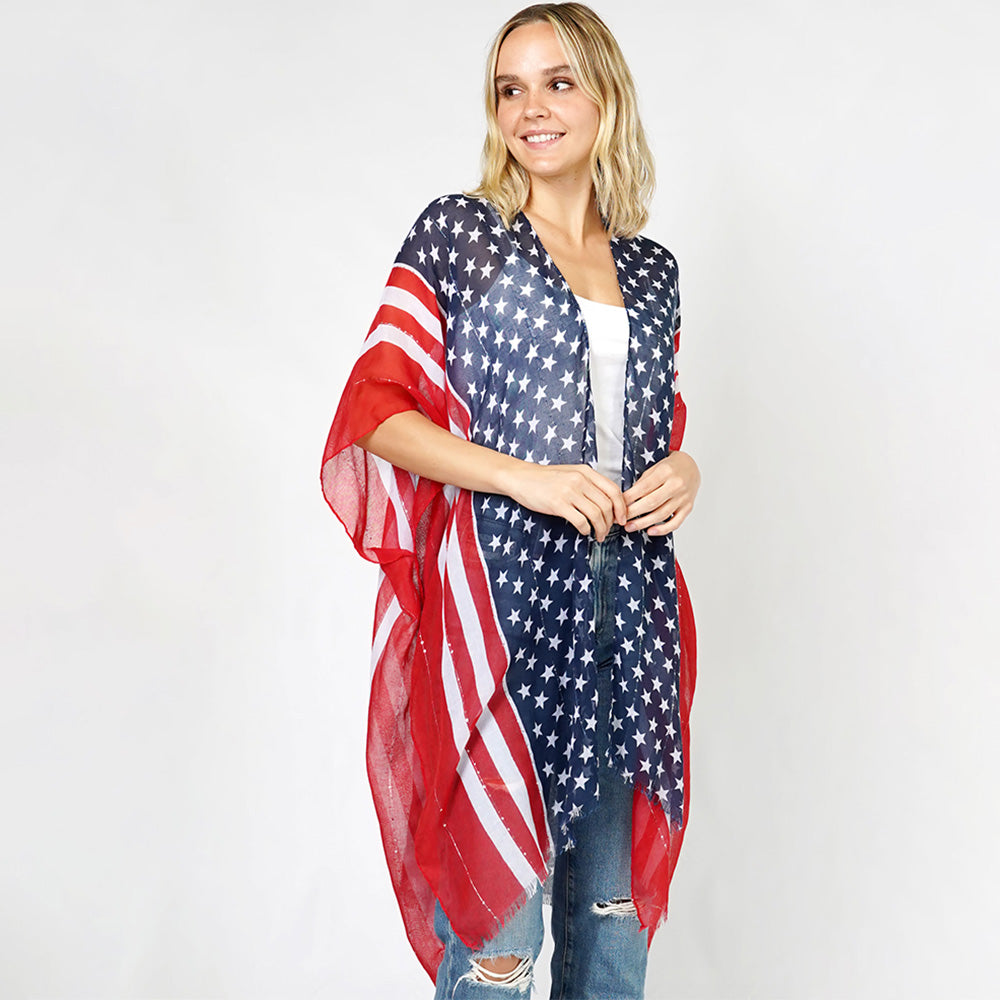 American Flag Print Kimono Poncho - Lightweight Cover Up for Women, Patriotic Beachwear & Summer Fashion | Perfect for 4th of July, Pool Parties & Outdoor Events