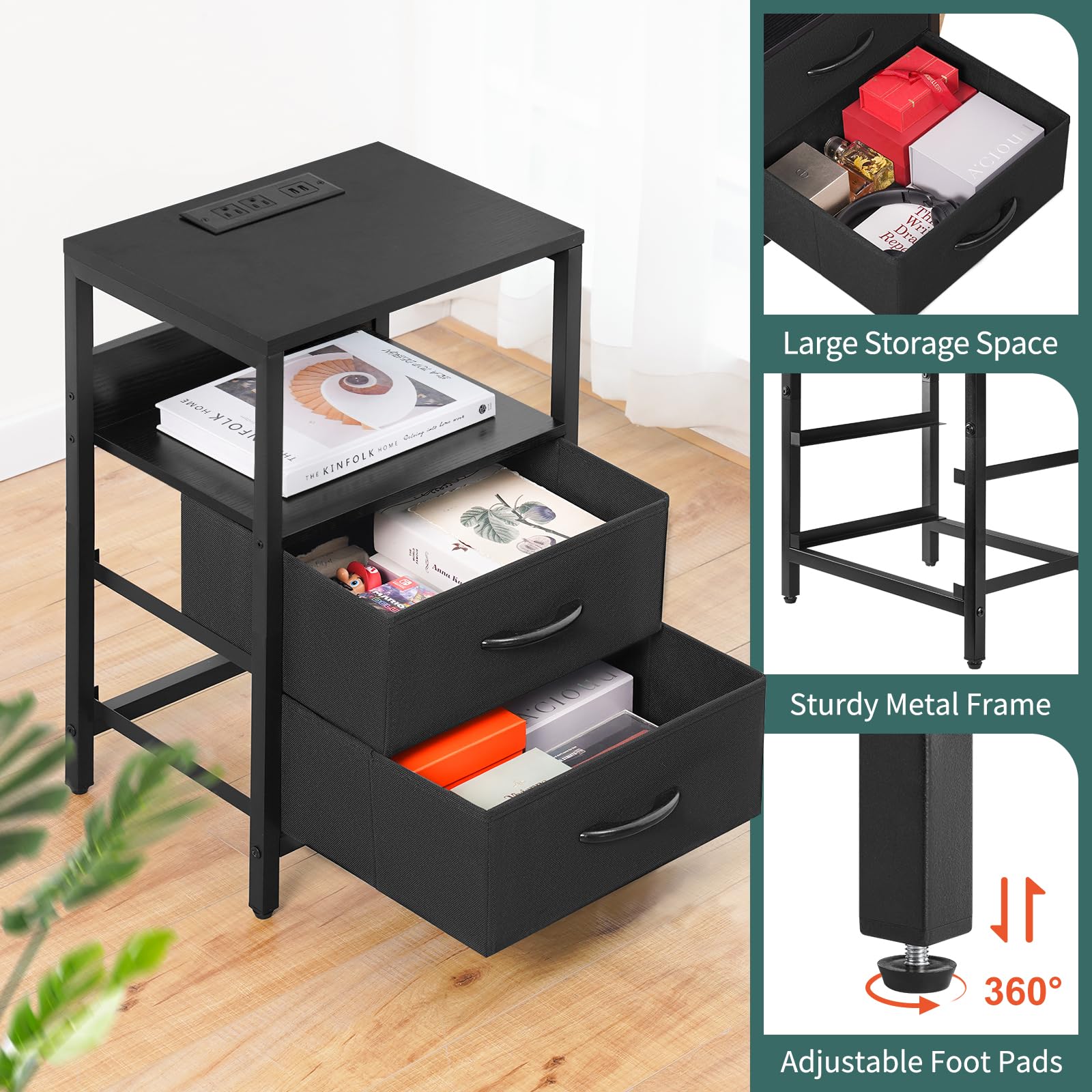 Yoobure Nightstand with Charging Station - LED Bedside Table with USB Ports & Outlets, Fabric Drawers & Storage Shelf - Small Night Stand for Bedroom | Perfect for Phone Charging, Reading Light & Bedside Storage