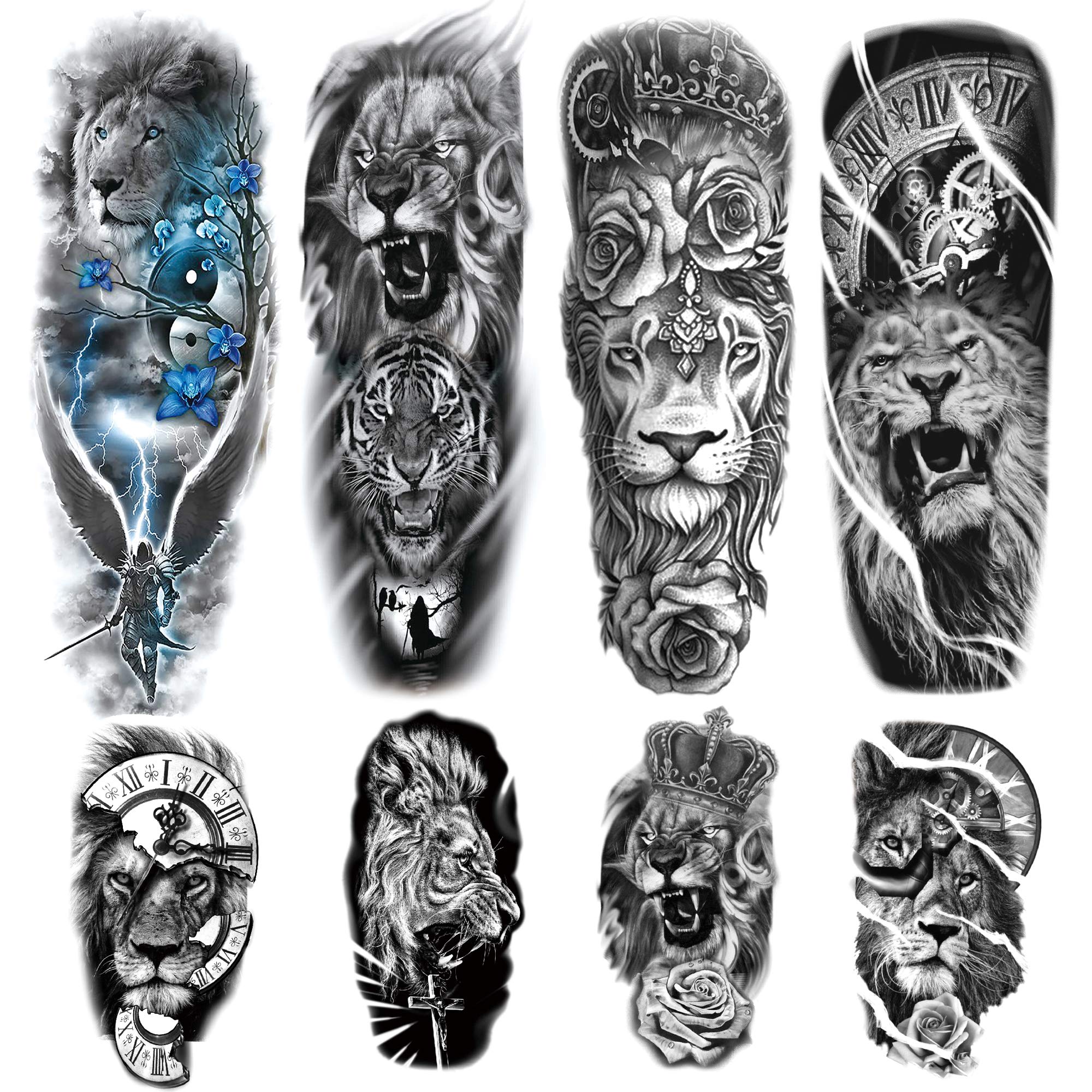 Lion Arm Sleeve Tattoos for Men & Women - 4 Large Full Sleeve & 4 Half Arm Fake Tattoo Stickers - Waterproof Temporary Tattoo Makeup for Costume Parties, Halloween & Cosplay
