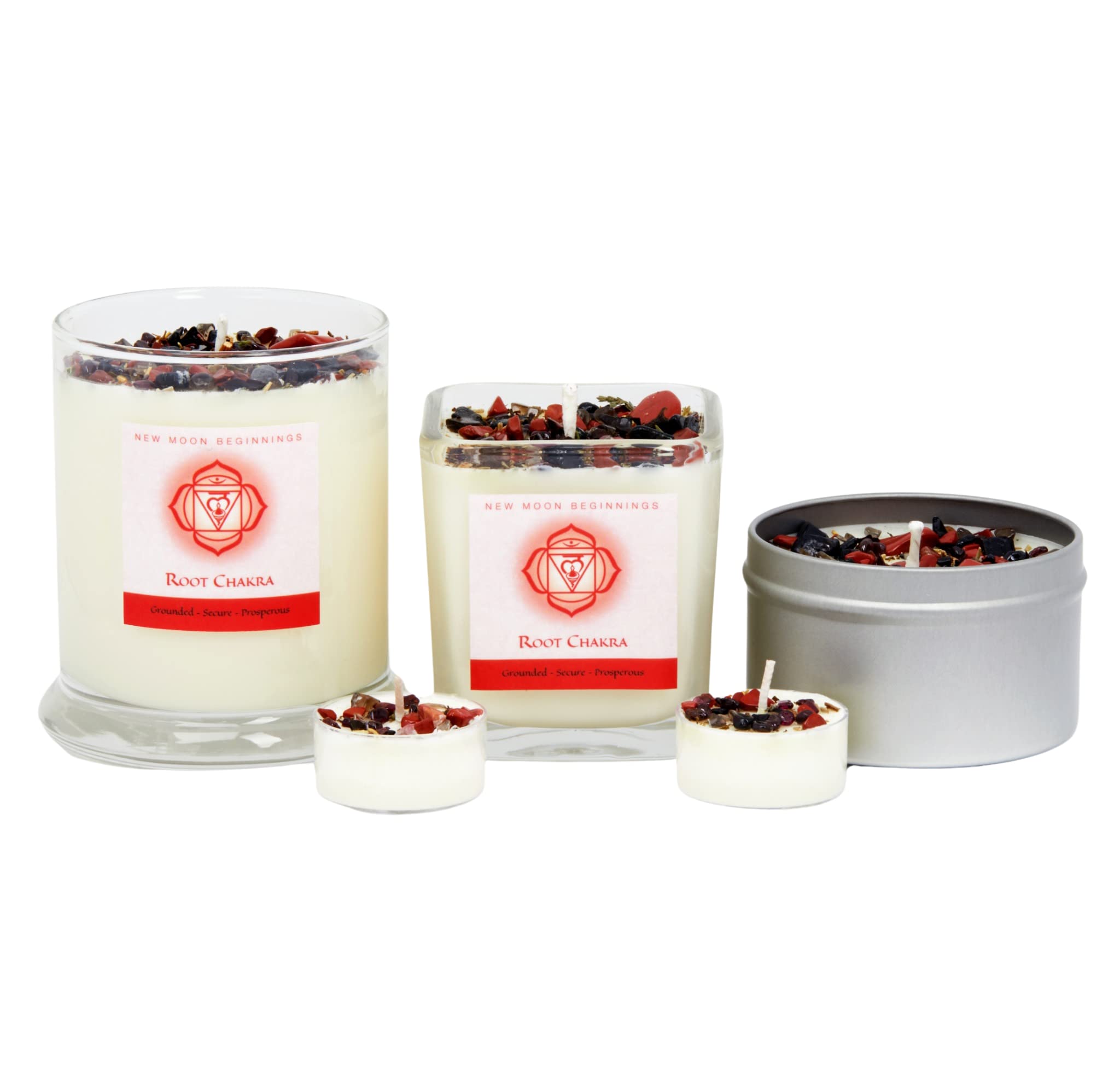 New Moon Beginnings Root Chakra Candle - Natural Soy Wax Aromatherapy Candle with Herbs, Flowers & Crystals for Meditation, Yoga & Spiritual Healing - Chakra Balancing & Energy Cleansing
