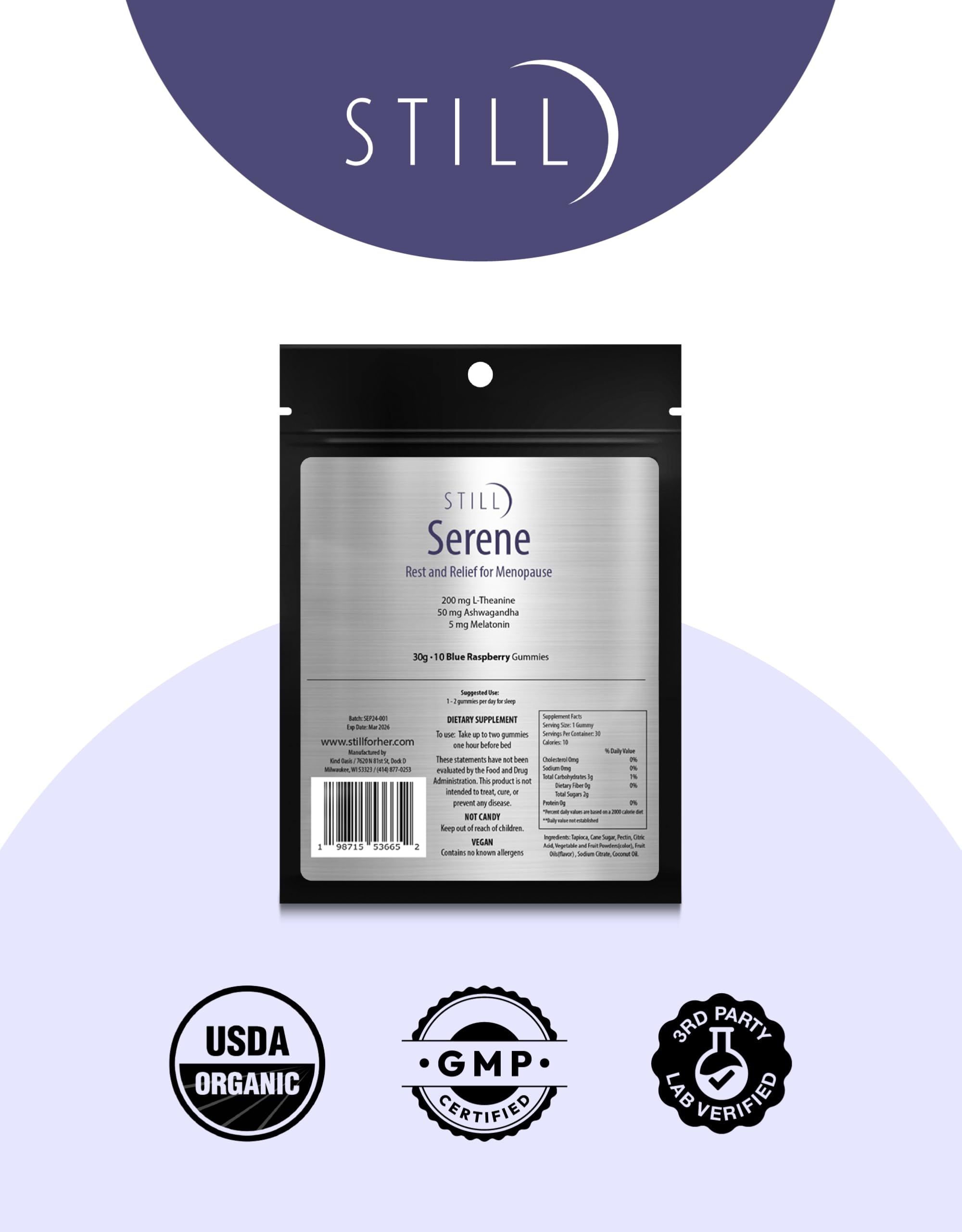 STILL Serene Menopause Relief Gummies with Ashwagandha, Melatonin & L-Theanine - Natural Sleep Aid & Hormone Balance Supplement for Women - 10 Count - Perfect for Nighttime Relaxation & Stress Relief During Menopause