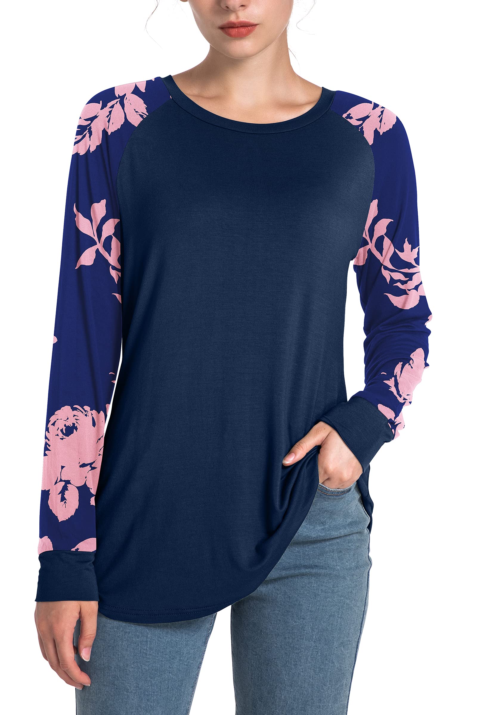 AYIFU Women's Floral Print Raglan Tee Shirts - Long & Short Sleeve Casual Tops with Crew Neck for Everyday Wear | Perfect for Work, Weekend Outings & Layering