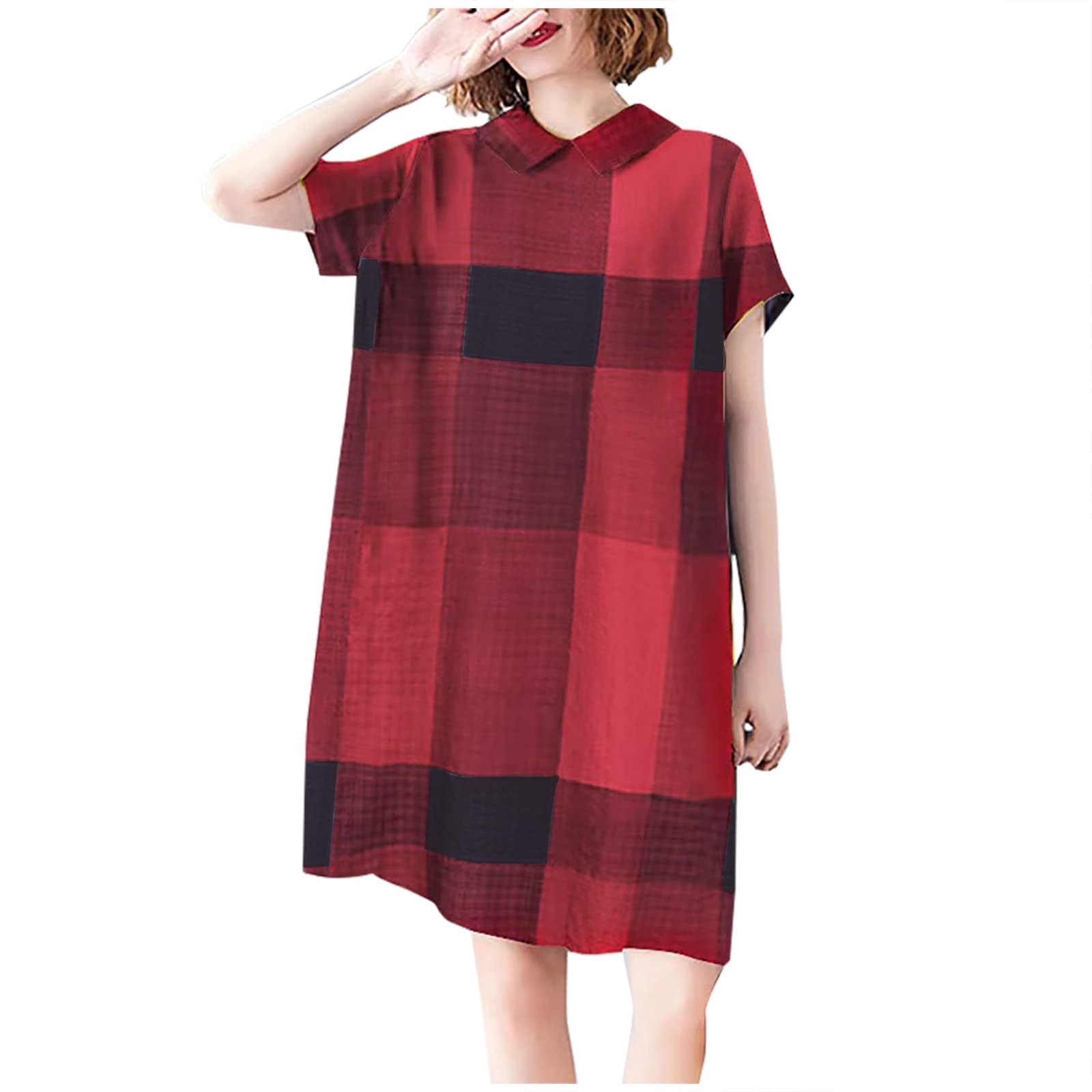 BmkBWO Women's Plaid Print Summer Dress - Short Sleeve Lapel Loose Fit Casual Shift Dress Knee Length for Wedding Guest, Party, Office & Daily Wear