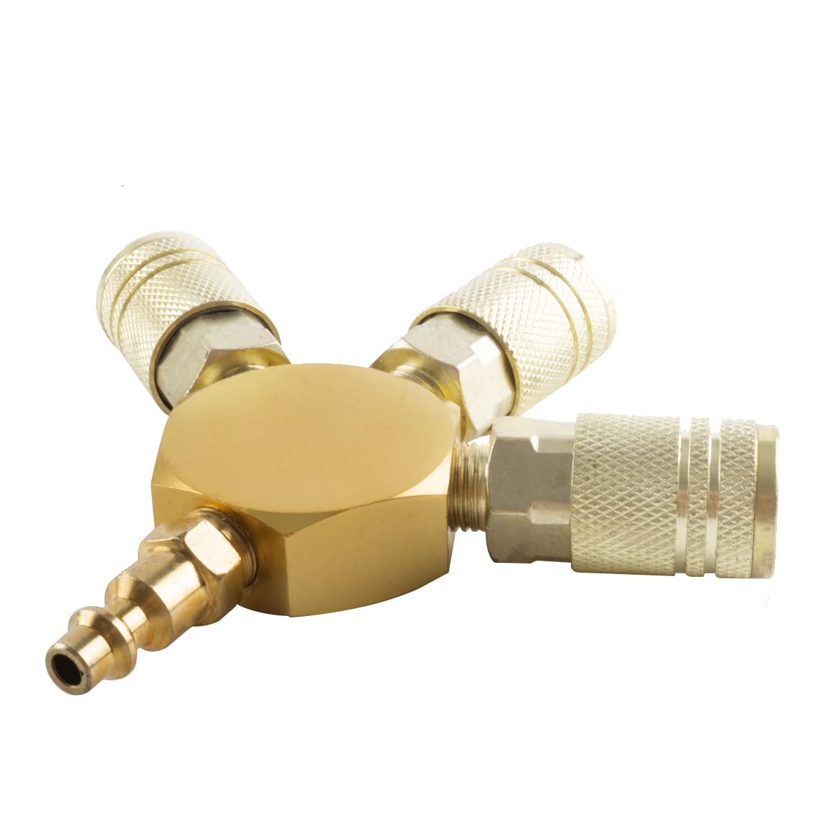 3-Way Air Splitter - 1/4 Inch NPT Hex Style Air Manifold with 3 Brass Industrial Couplers & Plugs - Air Compressor Hose Fittings - Perfect for Pneumatic Tools, Tire Inflation & Workshop Air Systems