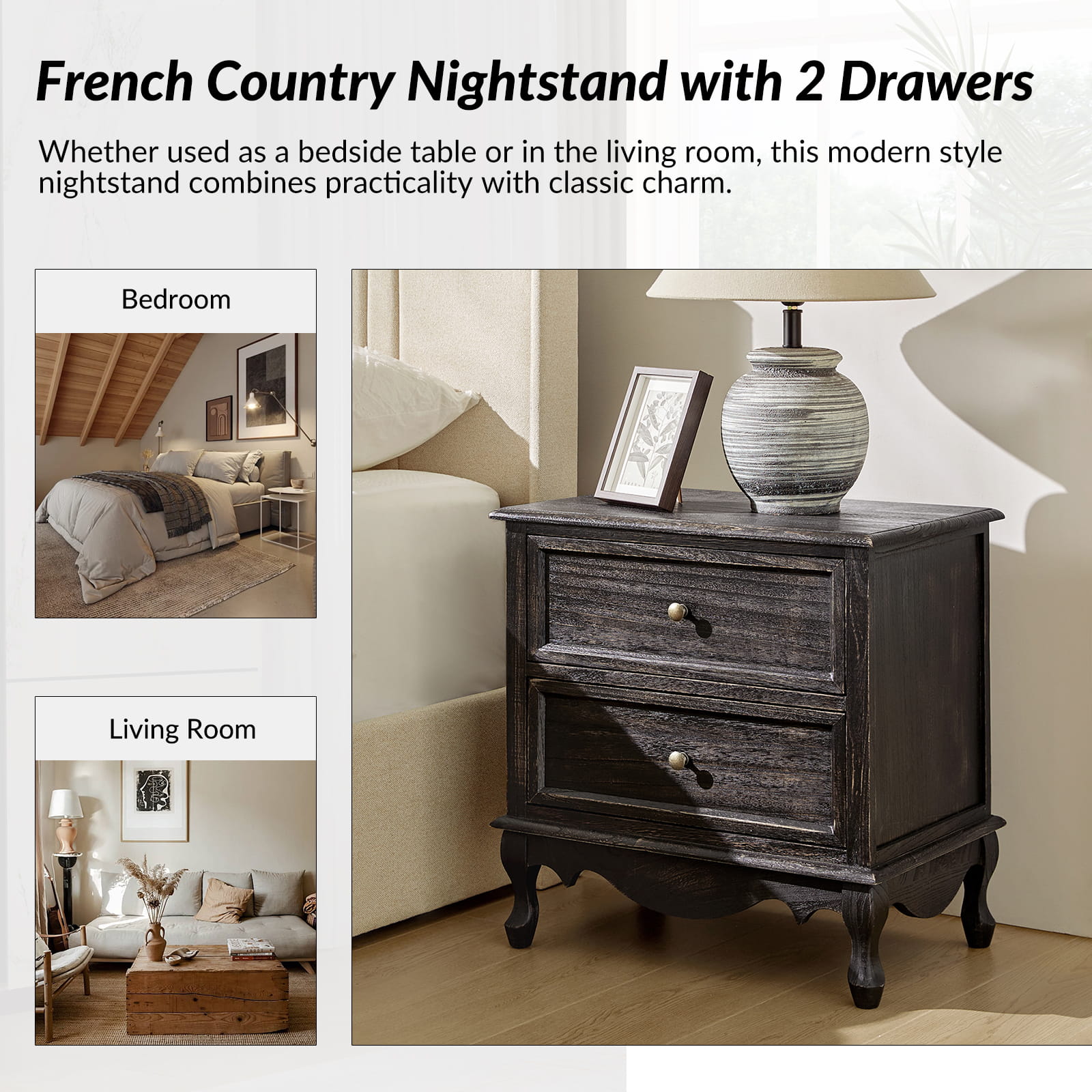 Galatea 24 Inch Tall 2-Drawer Nightstand Chest - Modern Bedside Table with Optional Styles for Bedroom, Living Room, or Office Storage