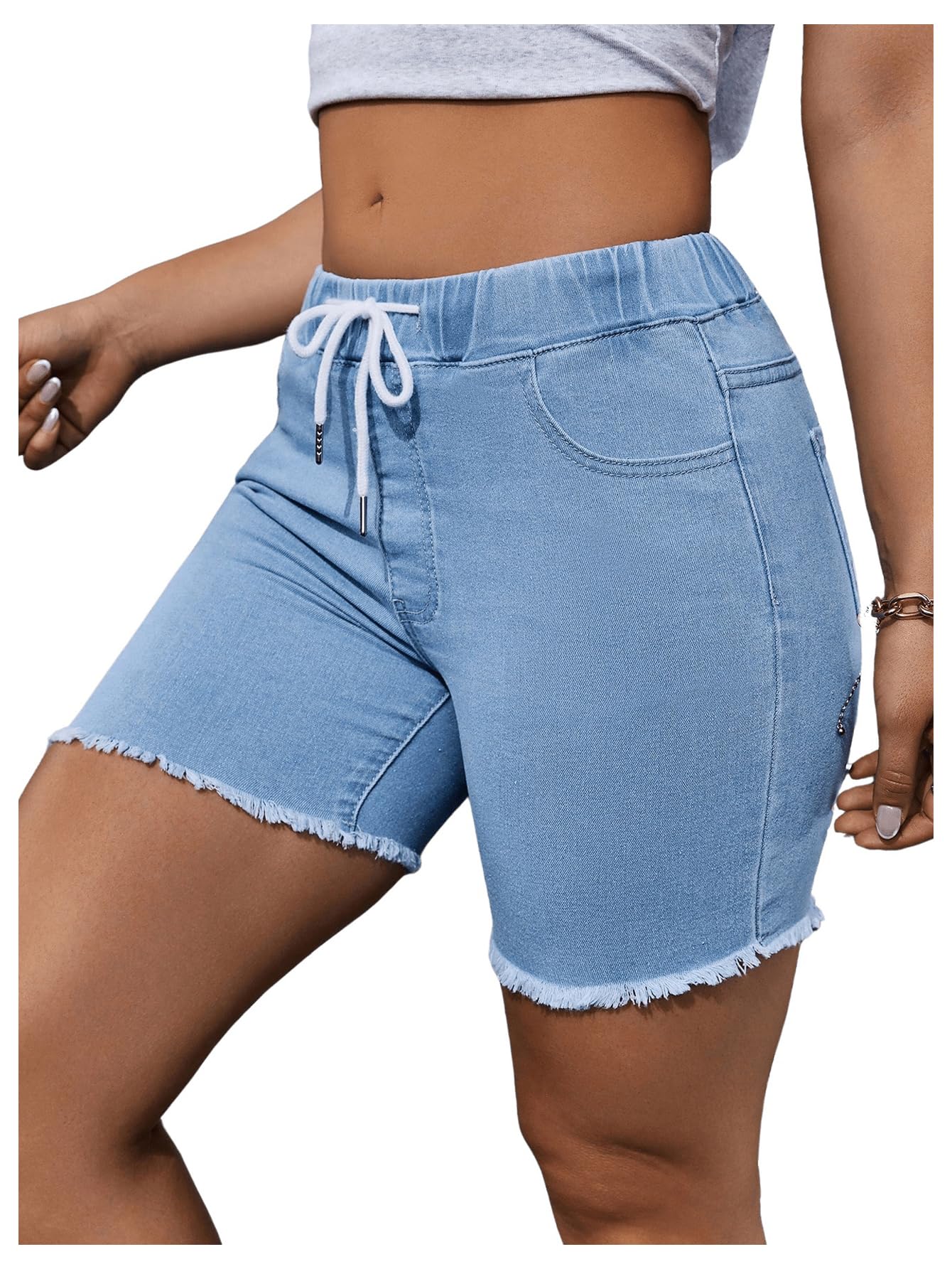 MakeMeChic Women's Casual Drawstring Denim Biker Shorts with Frayed Hem - High Waisted Jean Shorts for Women | Perfect for Summer, Workouts, and Casual Outings