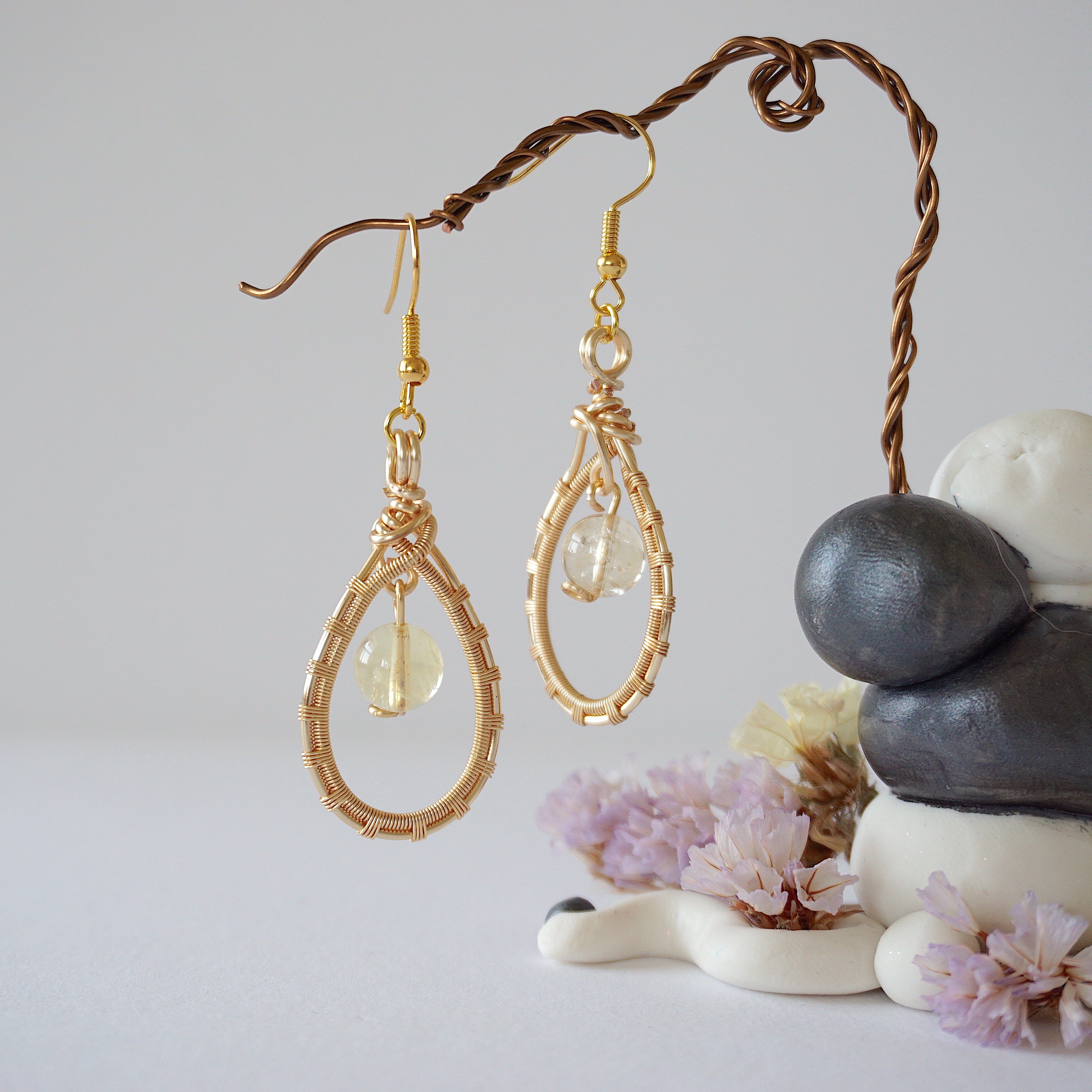 Citrine Round Wire Earrings - Gold Plated Dangle Earrings for Women | Elegant Jewelry Gift for Birthday, Anniversary & Party | Boho Chic & Everyday Wear