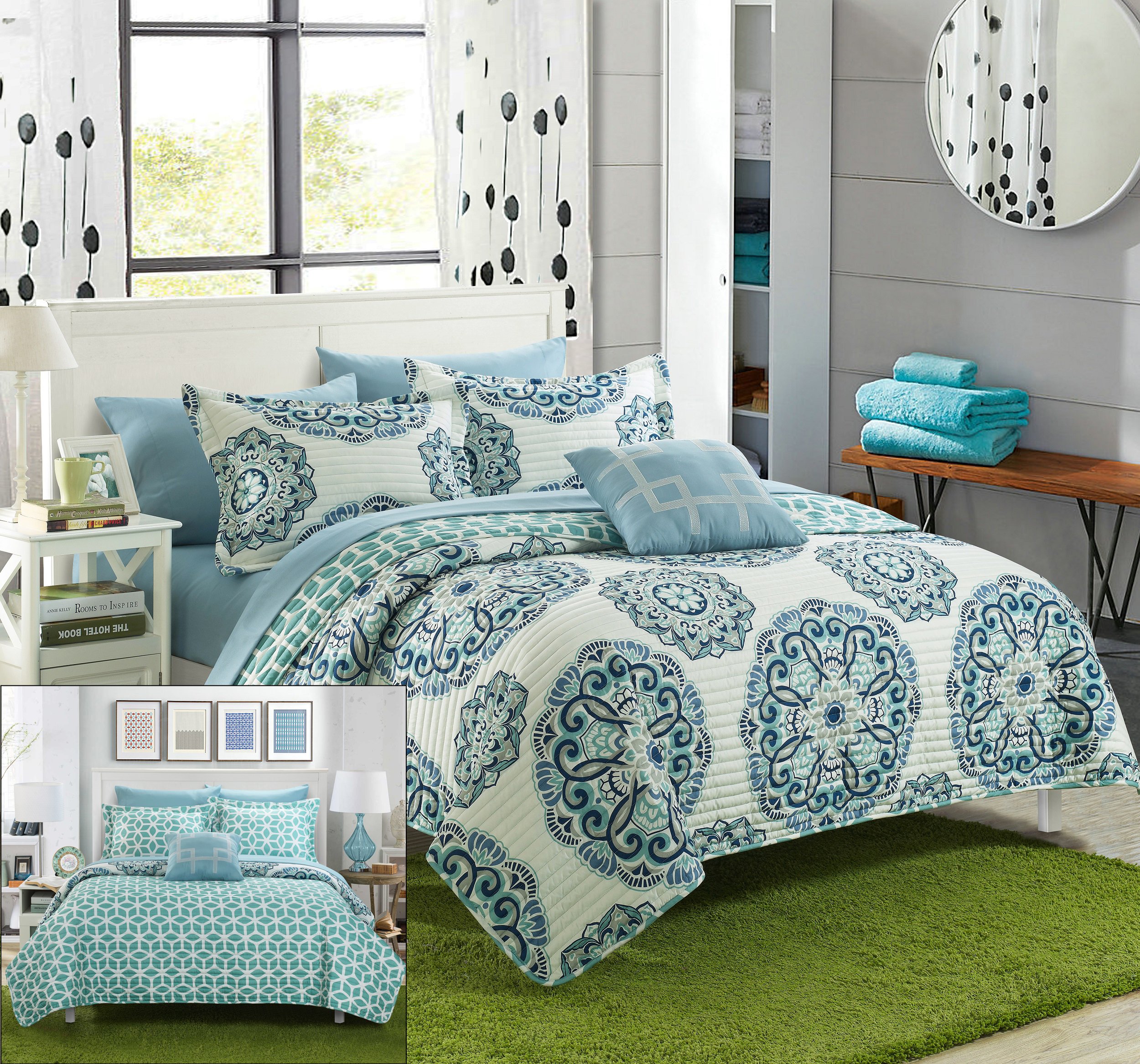 Stylish Reversible King Size Bed in a Bag Quilt Set (4 Piece) - Boho Geometric Medallion Print Microfiber Bedding with Matching Pillow Shams - Perfect for Master Bedrooms, Guest Rooms & Bohemian Home Decor