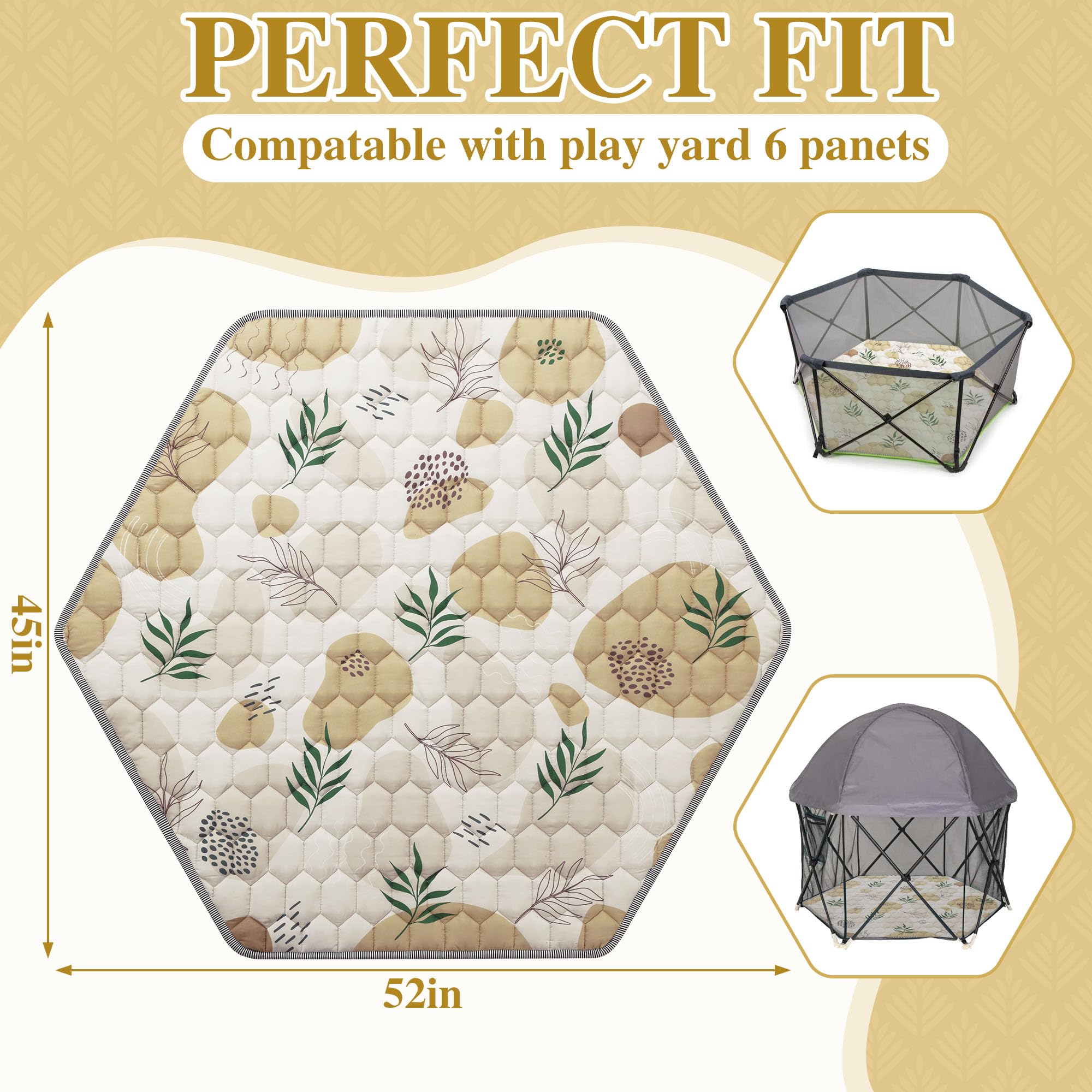 HOMBYS Hexagon Playpen Mat - 52x45 Inch Thickened Soft Baby Play Mat for Portable Play Yard & Playpen | Non-Slip Washable Toddler Crawling Mat (Leaf Pattern) - Perfect for Nursery, Daycare & Indoor Play Areas