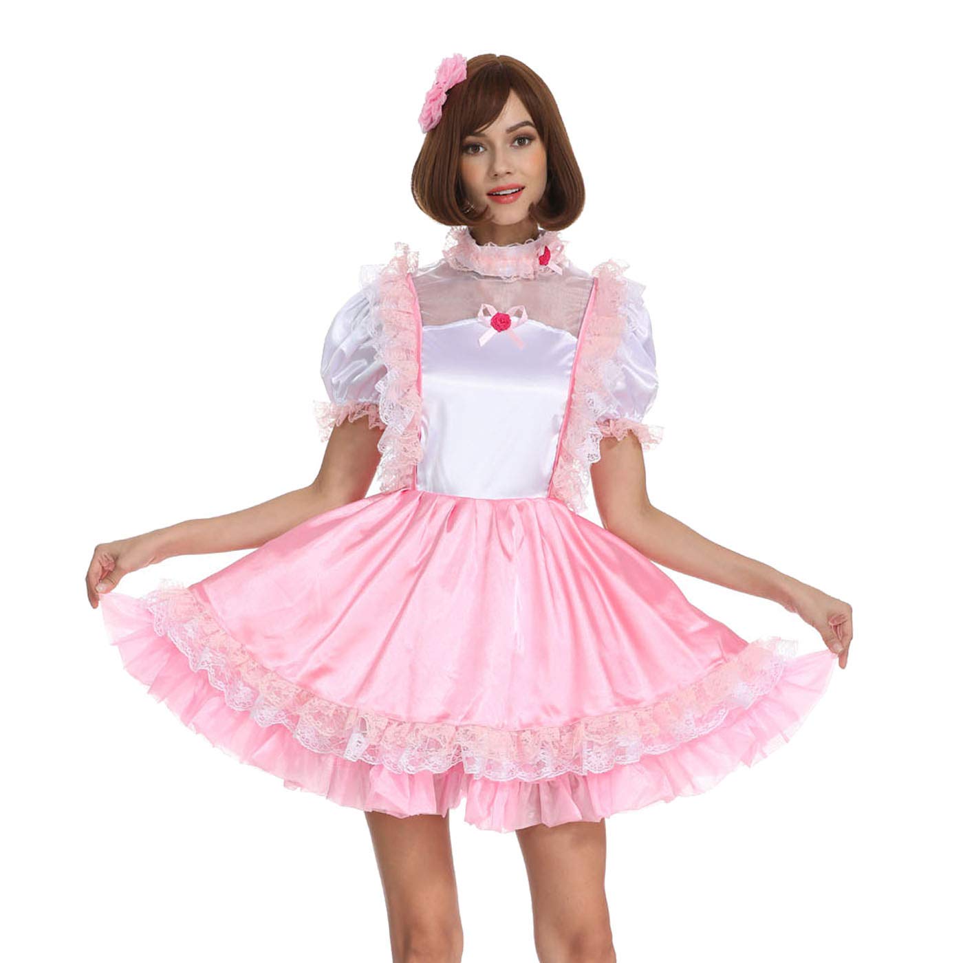 Sexy Pink and White Satin French Maid Dress with Ruffled Sleeves - Women's Crossdressing Costume for Cosplay, Halloween & Role Play
