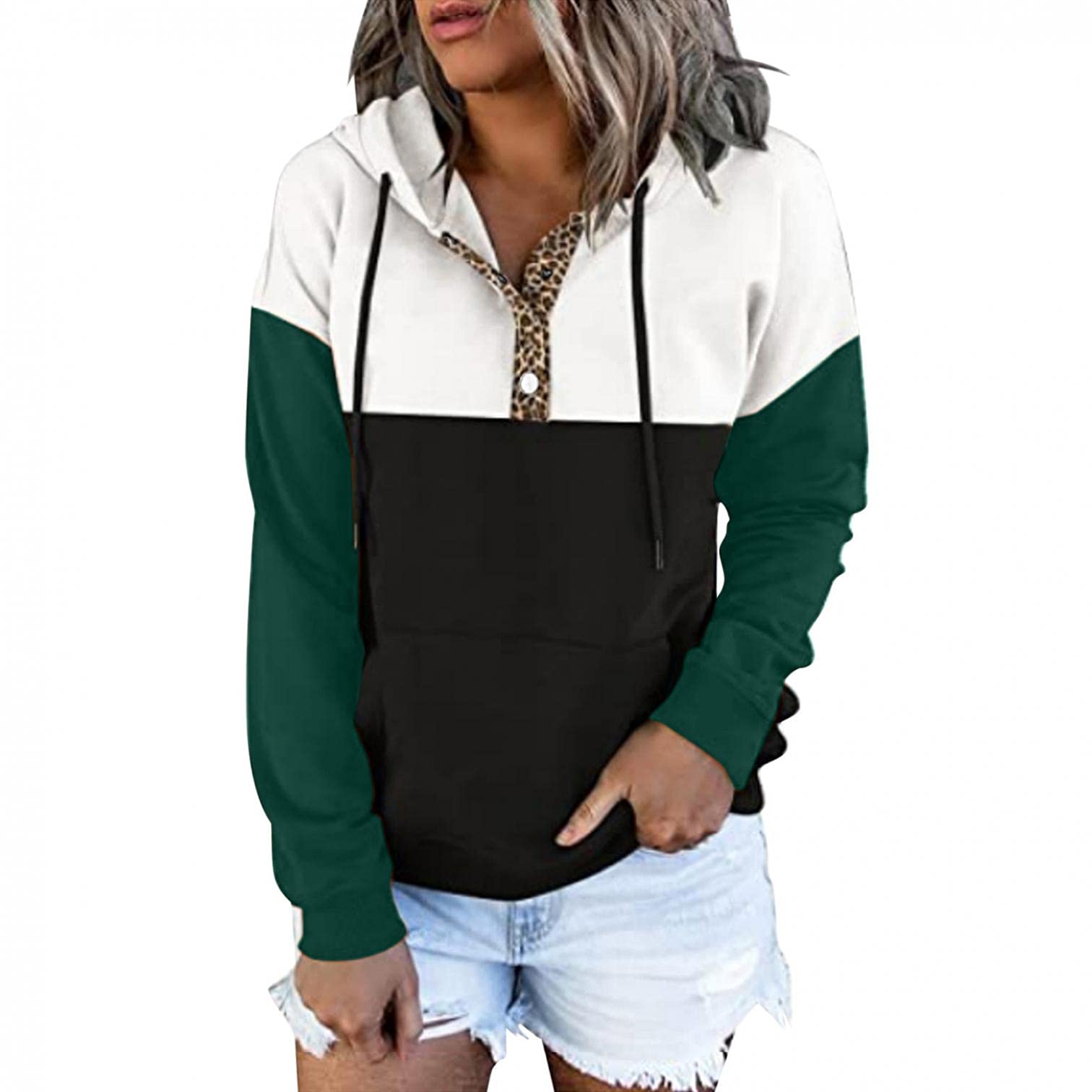 Women's Zip Up Hooded Sweatshirt - Color Block Long Sleeve Pullover with Pockets, Green | Casual Streetwear & Loungewear for Everyday Comfort