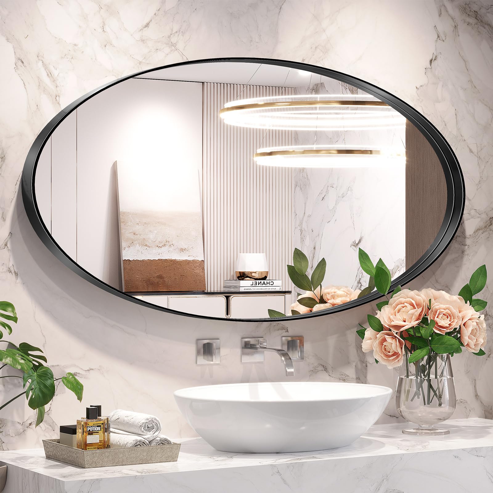 Brightify Black Oval Mirror 24x48 Inch - Modern Vanity Mirror with Metal Frame for Bathroom, Bedroom, Living Room, Farmhouse & Entryway - Hangs Horizontal or Vertical - Perfect for Makeup, Decor & Fireplace Accents