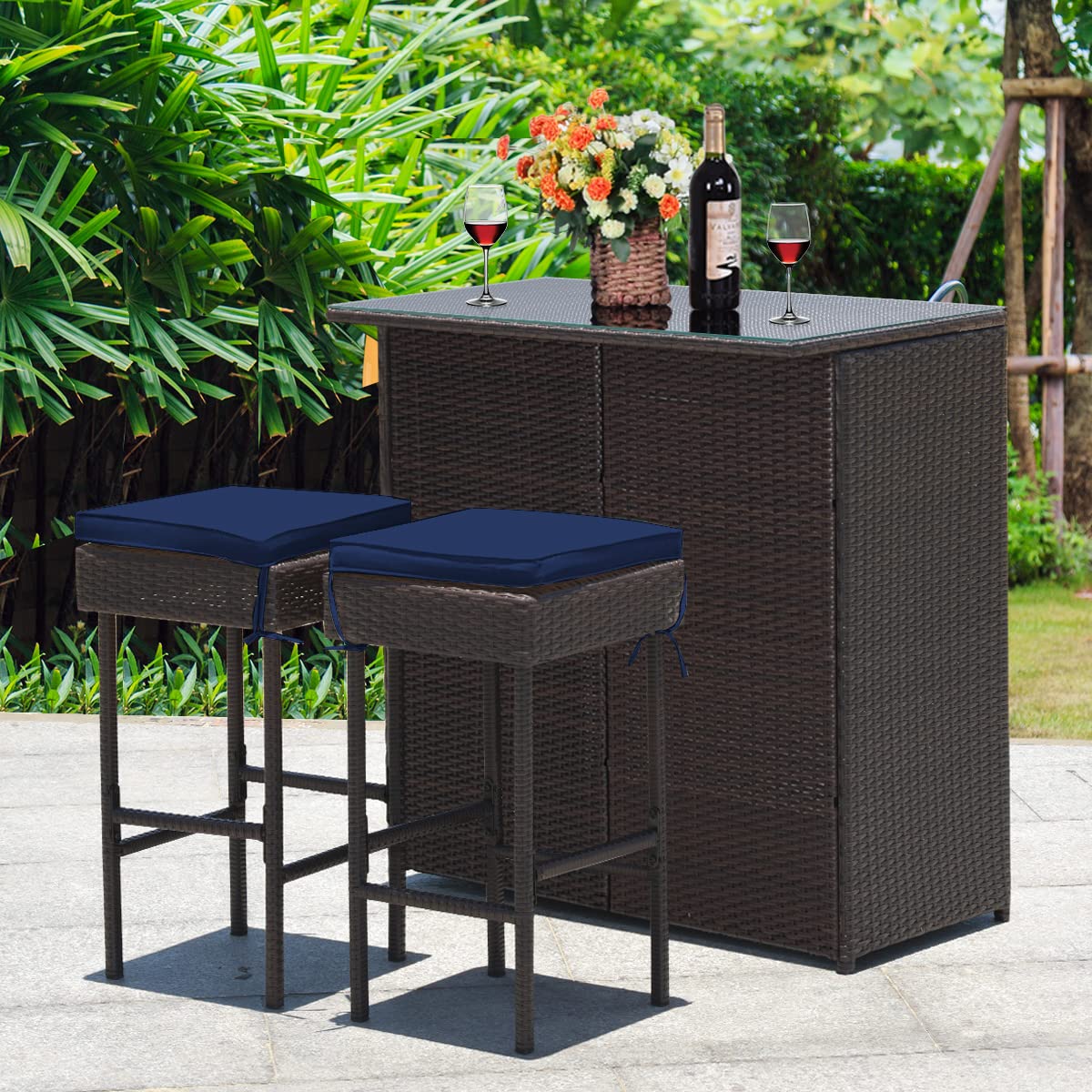 Tangkula 3-Piece Outdoor Patio Bar Set - Rattan Wicker Bar Table with 2 Cushioned Stools & Glass Top - Navy & Off White - Perfect for Backyard, Garden, Poolside & Outdoor Entertaining
