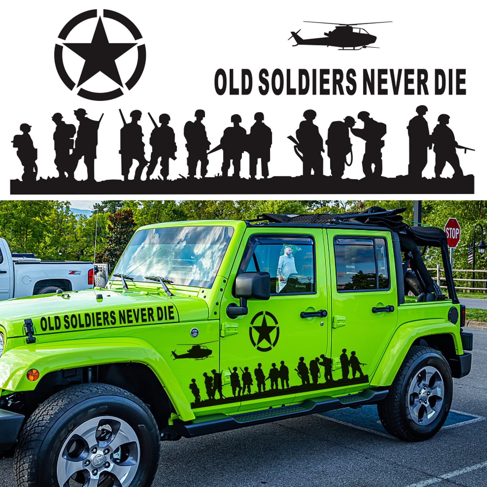 US Army Military Star Vinyl Car Stickers & Decals - Old Soldiers Never Die Truck Decals for Men - Patriotic Soldier Vehicle Side Sticker - Black - Perfect for Trucks, SUVs, Cars & Motorcycles to Show Military Pride