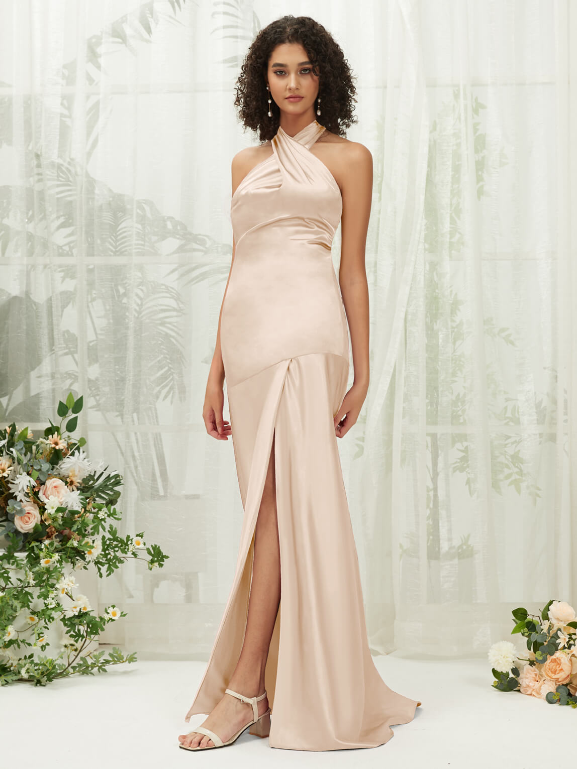 Elegant Champagne Satin Halter Neck Sleeveless Maxi Bridesmaid Dress with High Slit - Perfect for Weddings, Formal Events & Evening Parties