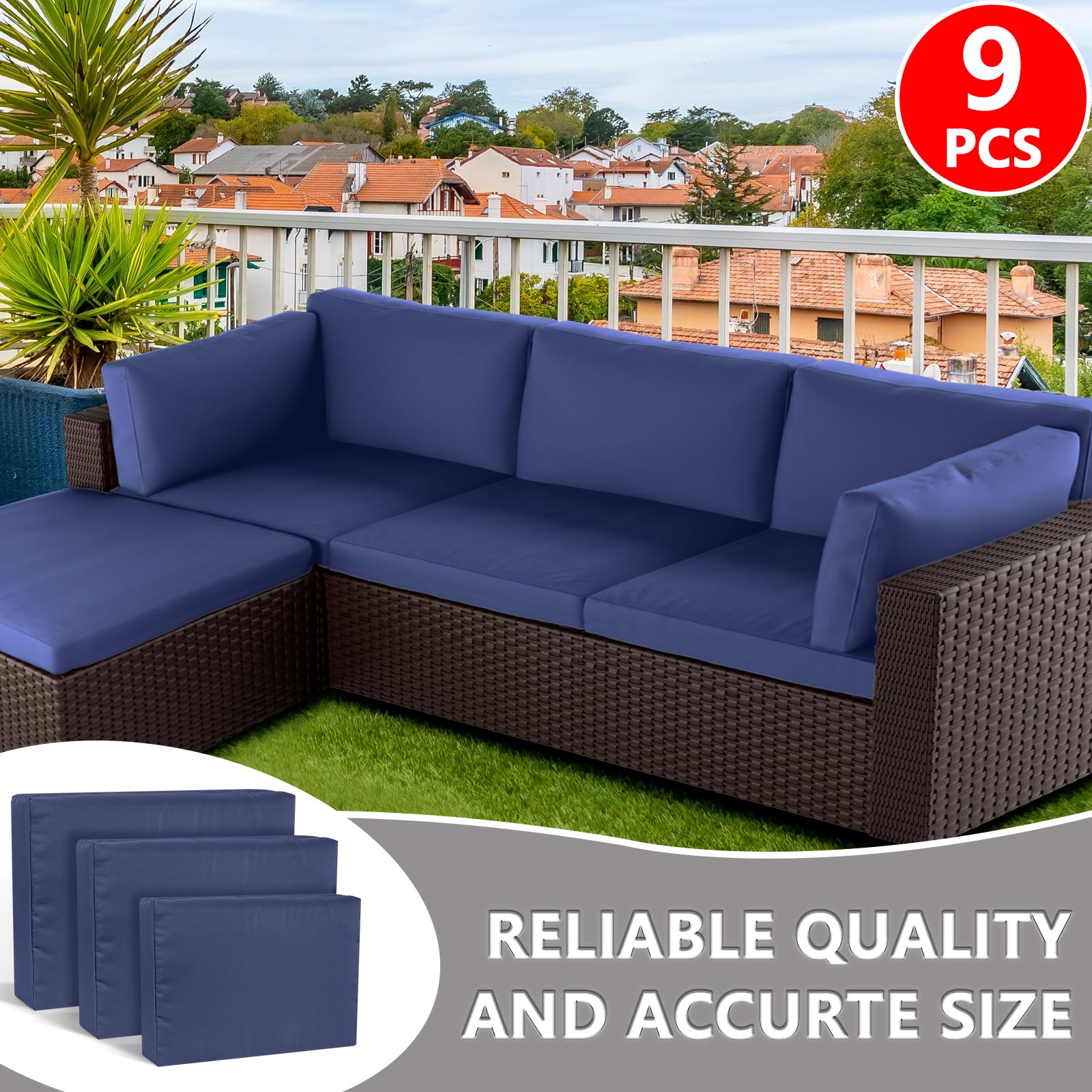 Waterproof 9-Piece Patio Cushion Covers with Zipper - Replacement Slipcovers for 5-Piece Outdoor Furniture Set (Dark Blue) | Durable & Weather-Resistant for Deck, Poolside & Garden Use