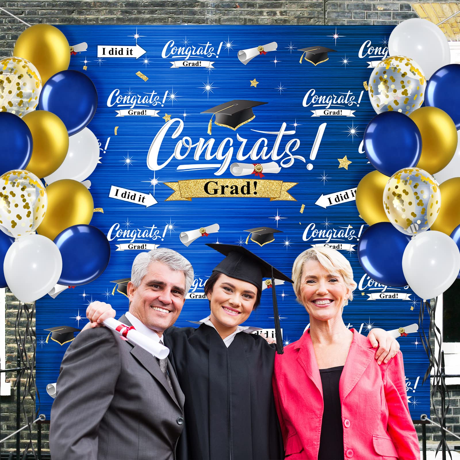 Graduation Party Decorations Kit - Congrats Grad Backdrop, Balloons, Garland & Arch for Adults & Kids - Navy Blue & Gold - Perfect for Graduation Ceremonies, Photo Booths & Home Celebrations