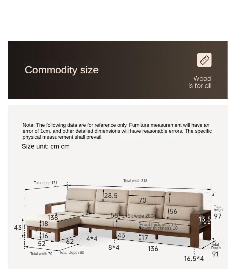 Oak Solid Wood High Back Fabric Corner Sofa - Modern L-Shaped Sectional Couch for Living Room, Lounge & Family Room Comfort