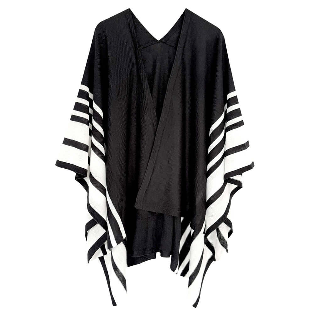 Stylish Black & White Two Tone Border Ruana Poncho - Elegant Wrap for Women | Perfect for Fall, Winter, and Special Occasions