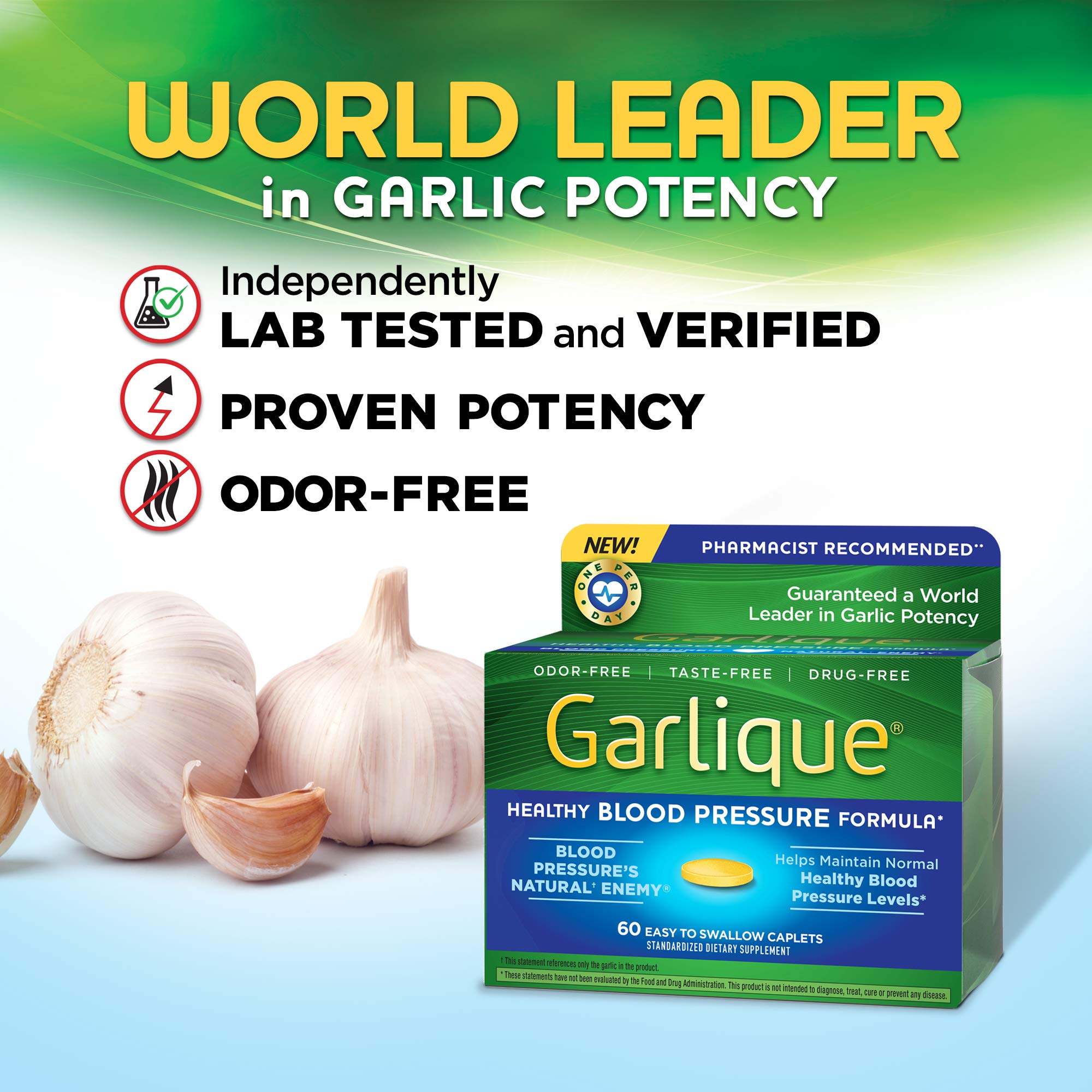 Garlique Garlic Extract Supplement - Odorless Vegan Capsules for Healthy Blood Pressure (60 Caplets) - Heart Health Support