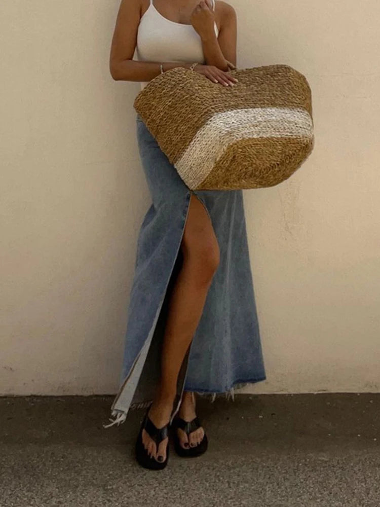 Women's High Waist Asymmetrical Denim Skirt with Patchwork Pockets - Loose Fit Casual Split Skirt for Everyday Wear, Street Style & Boho Fashion Outfits