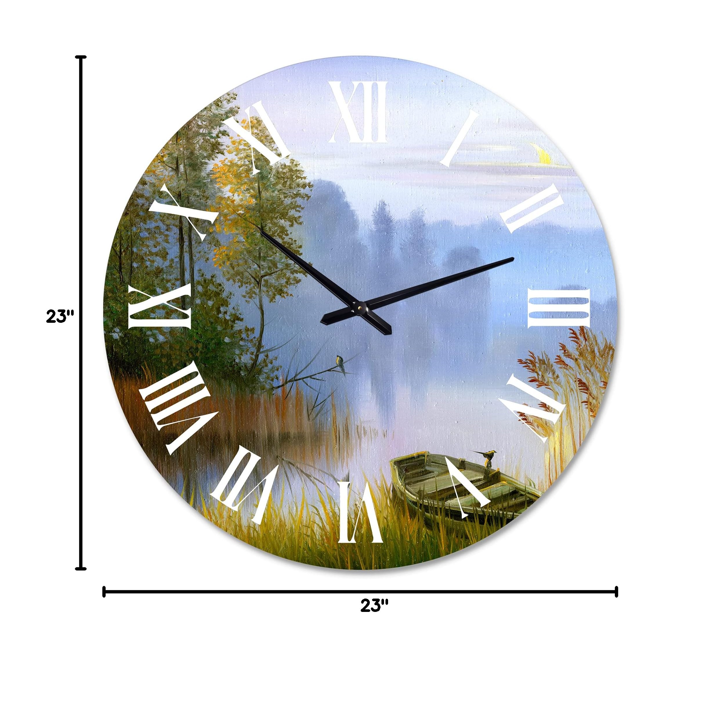 Large Traditional Wall Clock 'Boat on the Lake Bank' - Nature Landscape Decor for Living Room, Bedroom & Office | Silent Non-Ticking Modern Home Décor