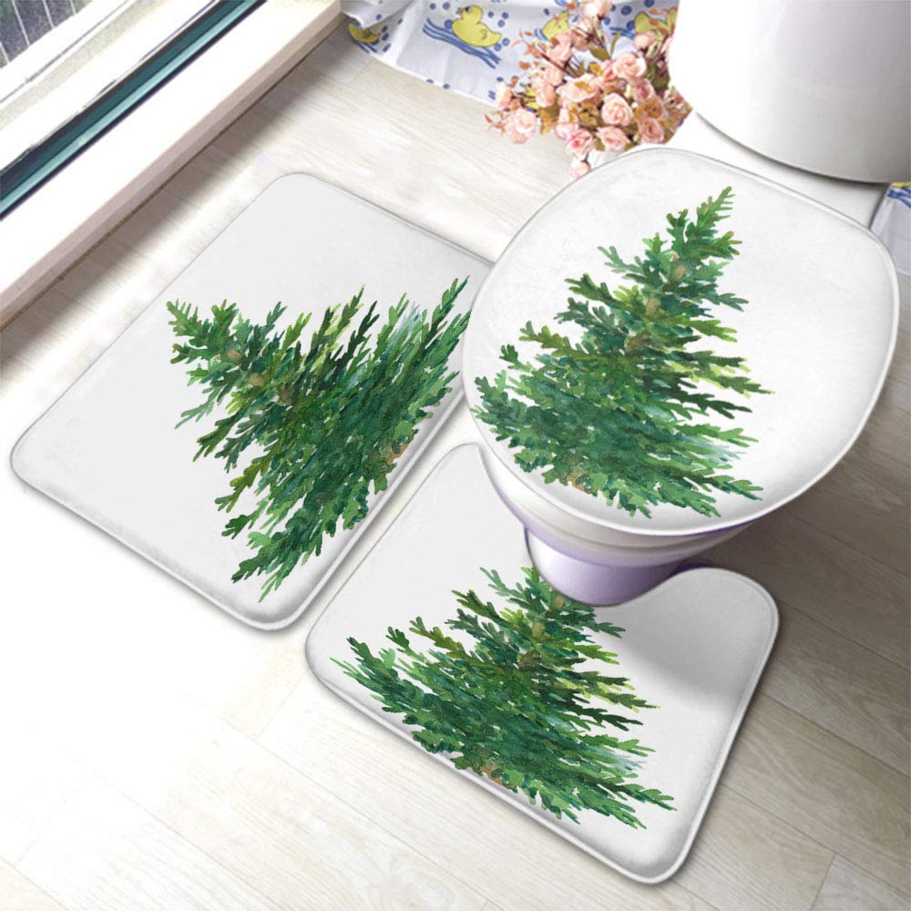 3-Piece Christmas Bathroom Rug Set - Fir Green Watercolor Non-Slip U-Shaped Contour Floor Mat & Toilet Lid Cover | Holiday Decor for Bathroom Safety & Festive Home Decor | Perfect for Christmas Celebrations & Winter Home Styling
