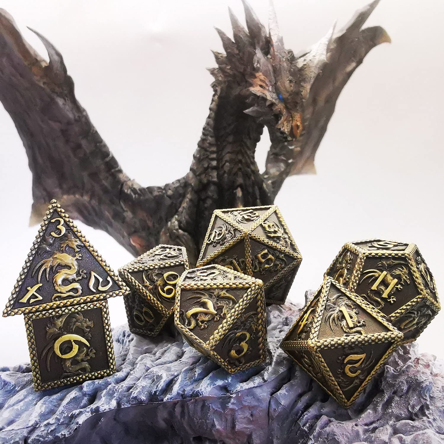 HAOMEJA 7-Piece Dragon Pattern Metal Dice Set for D&D - Ancient Bronze DND Dice for Dungeons & Dragons, RPG Tabletop Games & Collectors