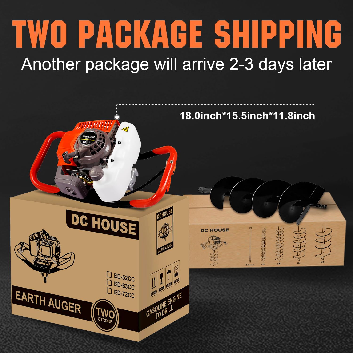 DC HOUSE 63CC Gas Powered Post Hole Digger with 3 Auger Bits (4