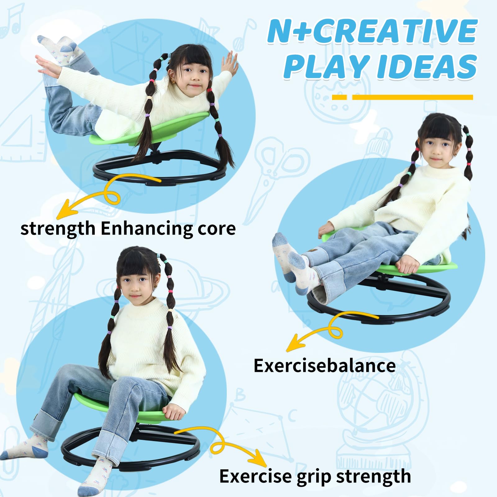Sensory Spinning Chair for Kids - Autism Friendly Swivel Chair with Non-Slip Metal Base | Sit and Spin Toy for Body Coordination Training | Indoor & Outdoor Activity Toy for Playrooms, Classrooms & Therapy (Round, Green)