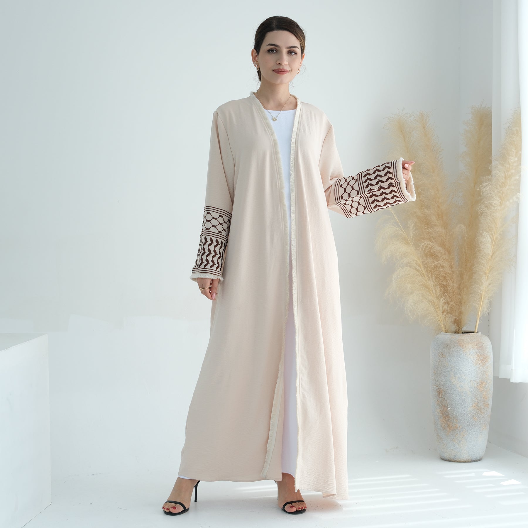 Elegant Kufiya Open Abaya Set in Sand Color - Modest Muslim Prayer Dress for Women - Perfect for Eid, Ramadan & Special Occasions