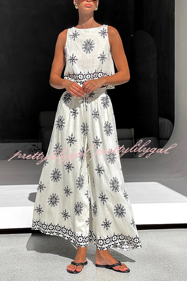 Stylish Printed Round Neck Sleeveless Blouse & Elastic Waist Pocket Wide Leg Pants Set - Women's Casual Outfit for Summer, Beach, Vacation & Daily Wear