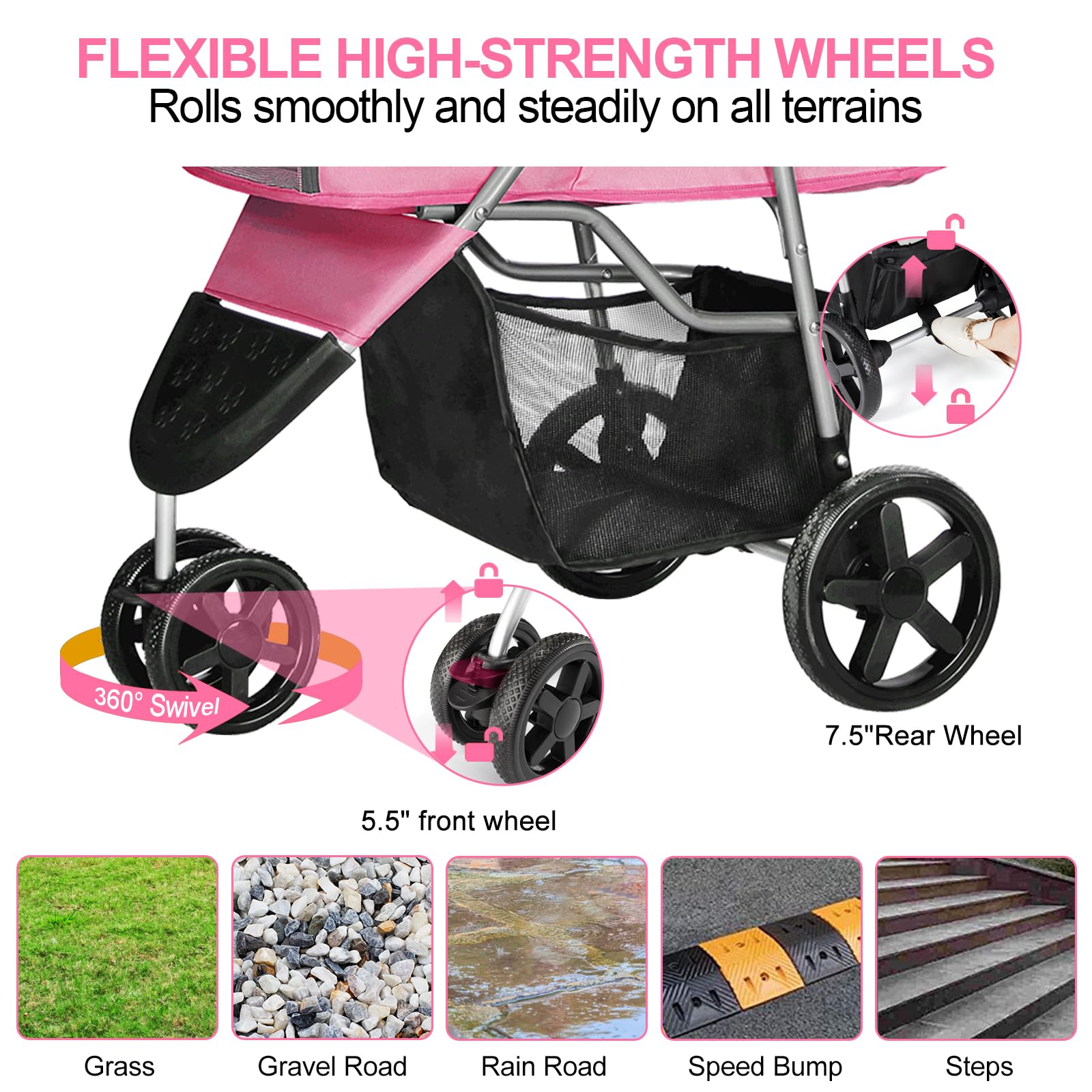 Premium 3-Wheel Pink Pet Stroller for Small Dogs & Cats - Lightweight Folding Design with Storage Basket & Cup Holder - Perfect for Jogging, Shopping & Outdoor Adventures