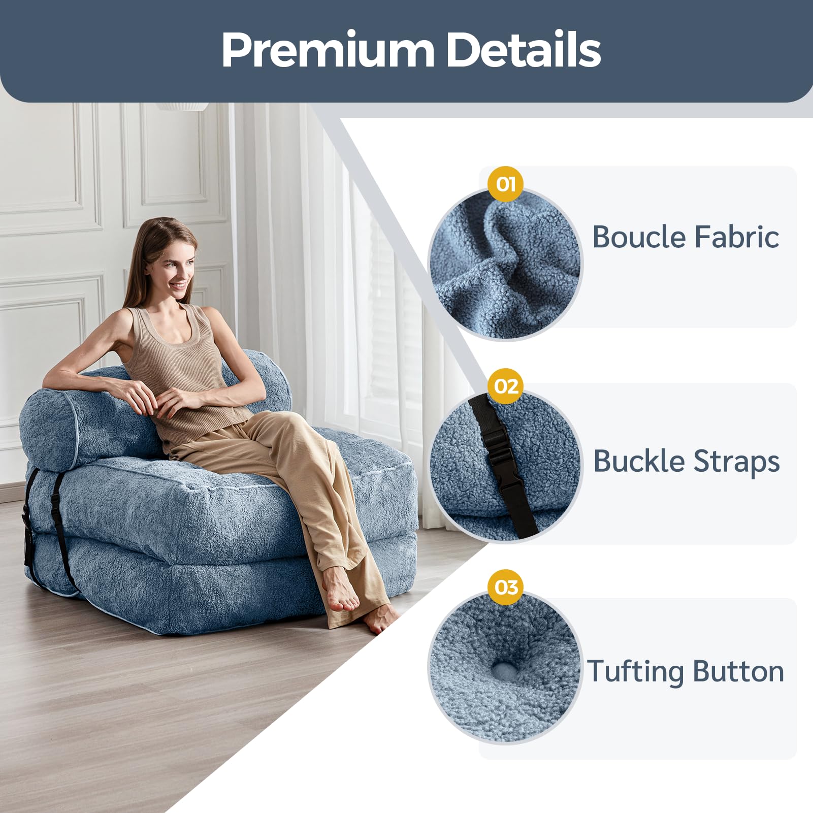 MAXYOYO Folding Sofa Bed - Convertible Boucle Sleeper Chair with Bolster Pillow | Multi-Functional Floor Sofa Lounge for Living Room, Bedroom & Small Spaces | Dusty Blue | Perfect for Guest Sleeping, Relaxing & Space Saving