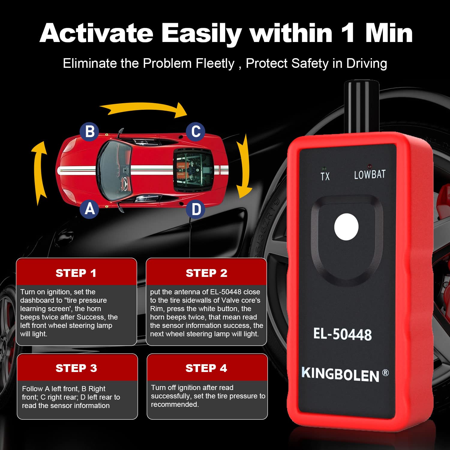 KINGBOLEN EL-50448 TPMS Relearn Tool - GM Auto Tire Pressure Monitor System Sensor Activation & Reset Tool for GM, Cadillac, Buick, Chevy Vehicles - Perfect for Professional Mechanics & DIY Car Maintenance