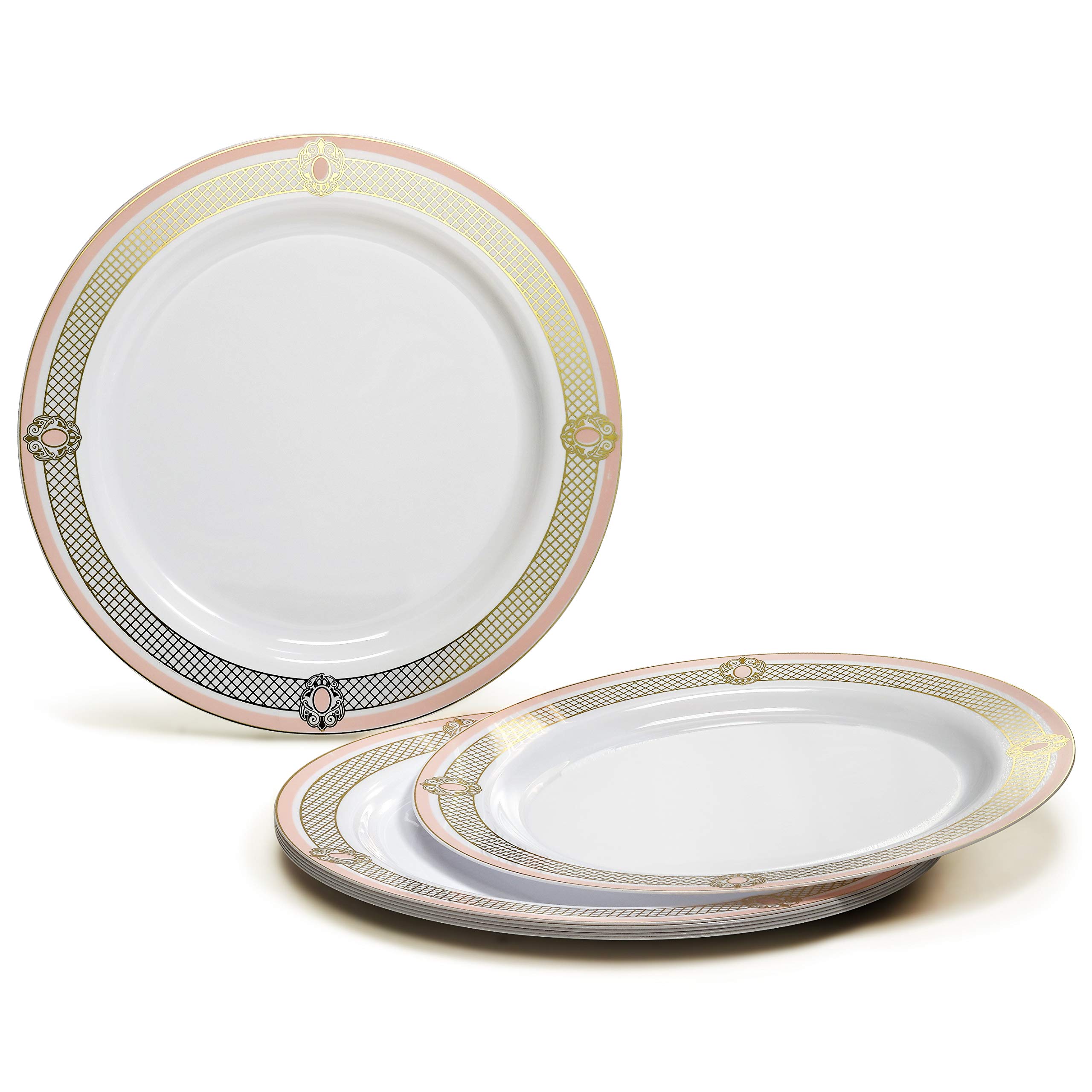 960-Piece Disposable Plastic Wedding Party Plate Set - 120 x 10.25'' Dinner Plates, 120 x 7.5'' Dessert Plates, Silverware, Cups & Napkins (White/Blush & Gold) - Elegant Tableware for Weddings, Bridal Showers & Special Events