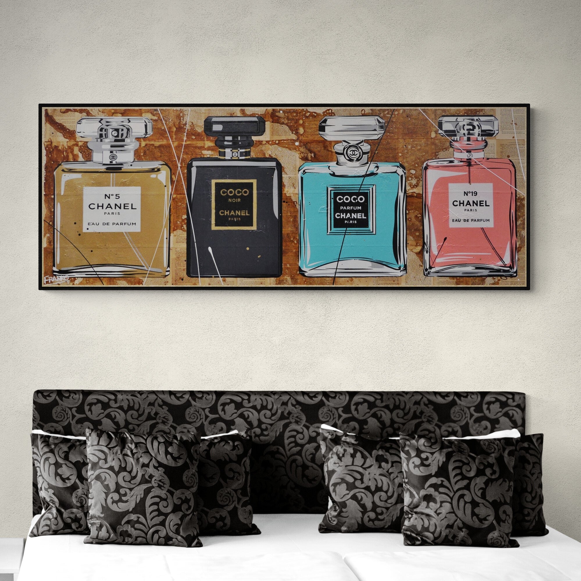 Chanel Perfume Bottles Urban Pop Art Painting - 63x24 Inch Large Canvas Wall Decor for Living Room, Bedroom & Office - Perfect Gift for Book Club Members & Perfume Lovers
