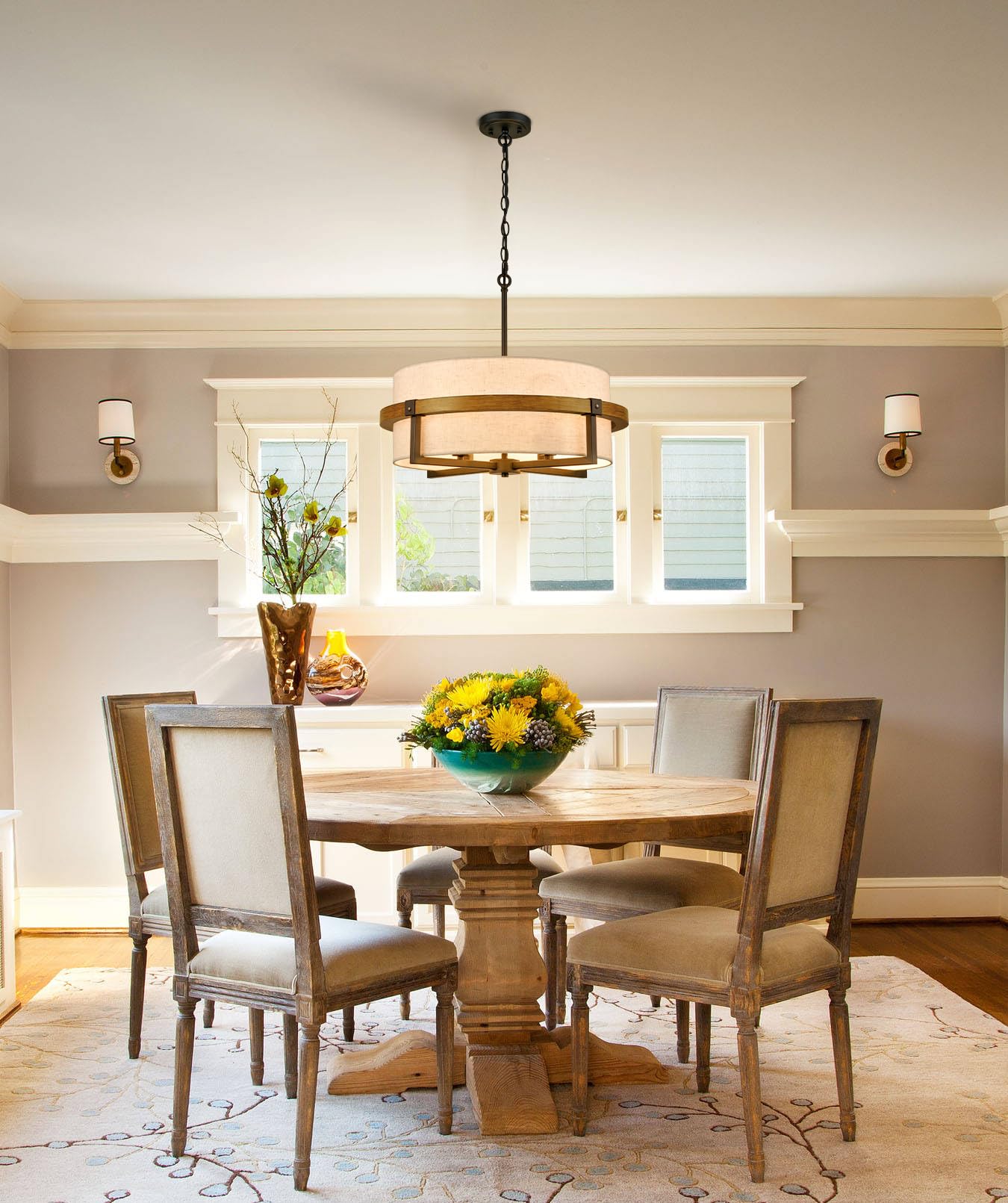 Rustic Drum Chandelier - 4-Light Farmhouse Pendant Light with Off-White Fabric Shade for Dining Room, Kitchen Island & Bedroom Lighting | Vintage Industrial Ceiling Fixture